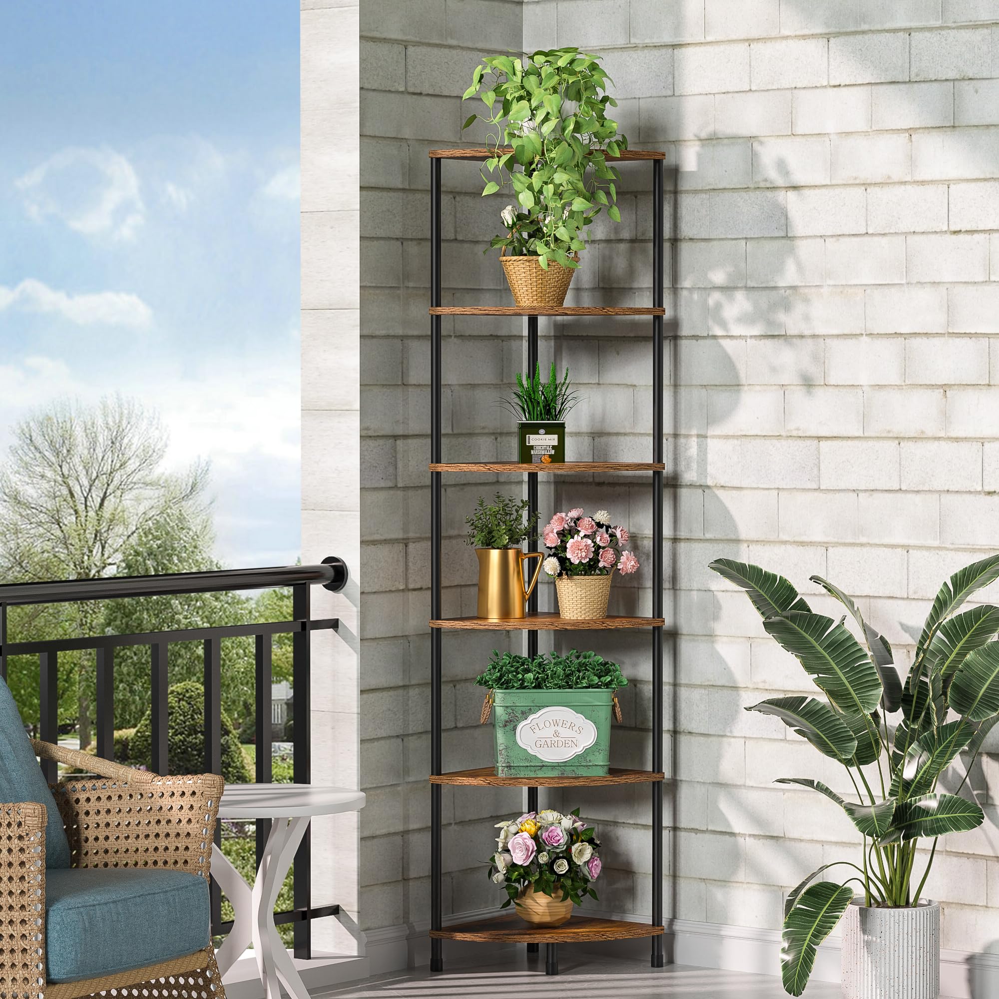 Greatseas Corner Plant Stand Shelf, 6 Tier Tall Shelf for Indoor Plants, Rustic Brown Corner Bookshelf Wall Decor Living Room, 54.4" Display Shelves