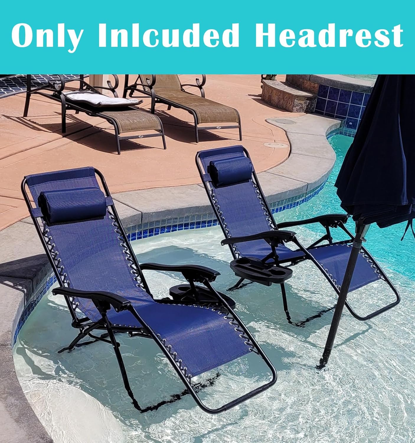 Lounge Chair Pillows with Strap 2 Pack Zero Gravity Chair Pillow Replacement 16.2" Long Neck Pillow for Recliner Outdoor Chaise Lounger Adirondack Patio Lawn Chairs, Blue