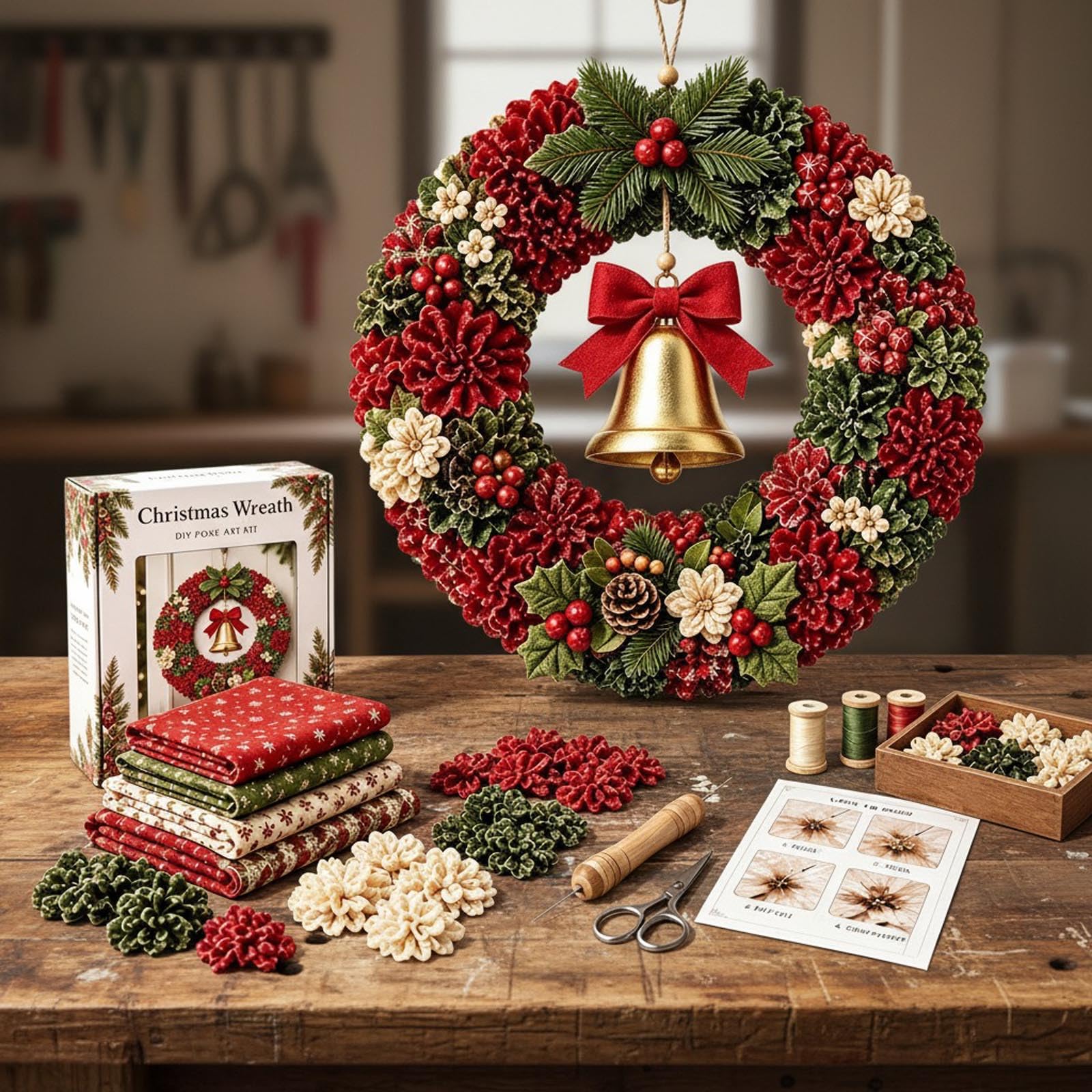 3D Fabric Poke Wreath DIY Kit, Christmas Wreath DIY Kit for Adults (L)