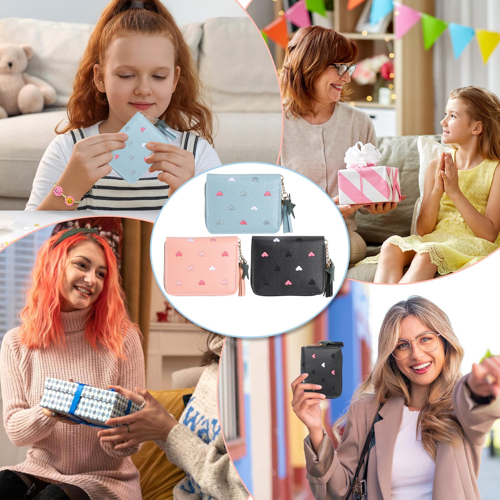 Lot de 3 porte-monnaie pour fille - En cuir synthétique - Avec pompon et fermeture éclair - Pour adolescentes et femmes (bleu, rose, noir)
