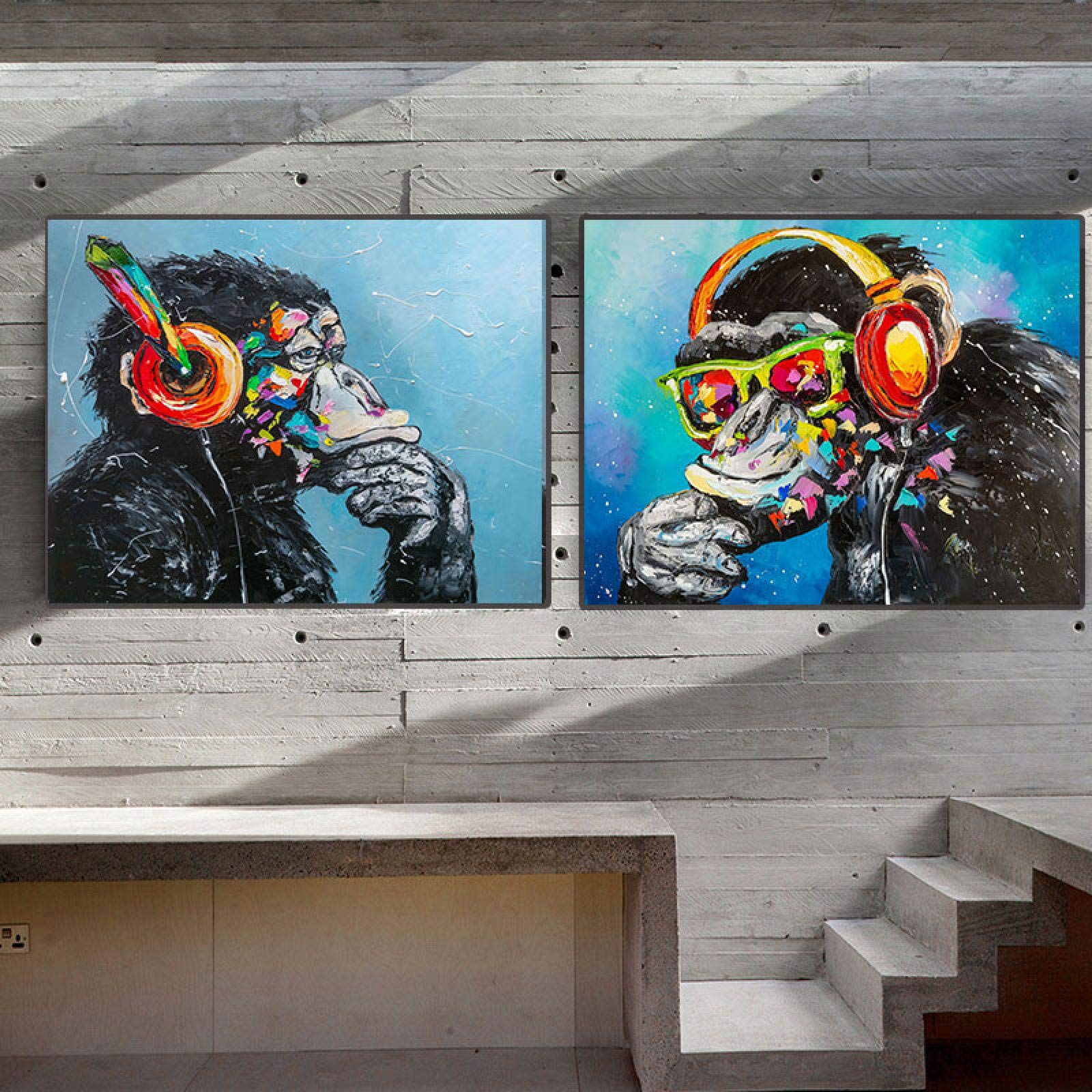 Affiche gorille casque musique en toile 50x70 cm pour salon