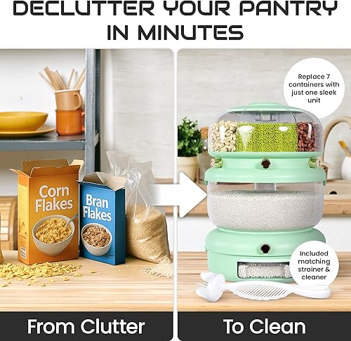 Miniatura 3 de Dispensador de arroz y granos múltiples almacenamiento de alimentos giratorio 3 en 1 hermético con colador, soporta hasta 22 libras (12 libras a