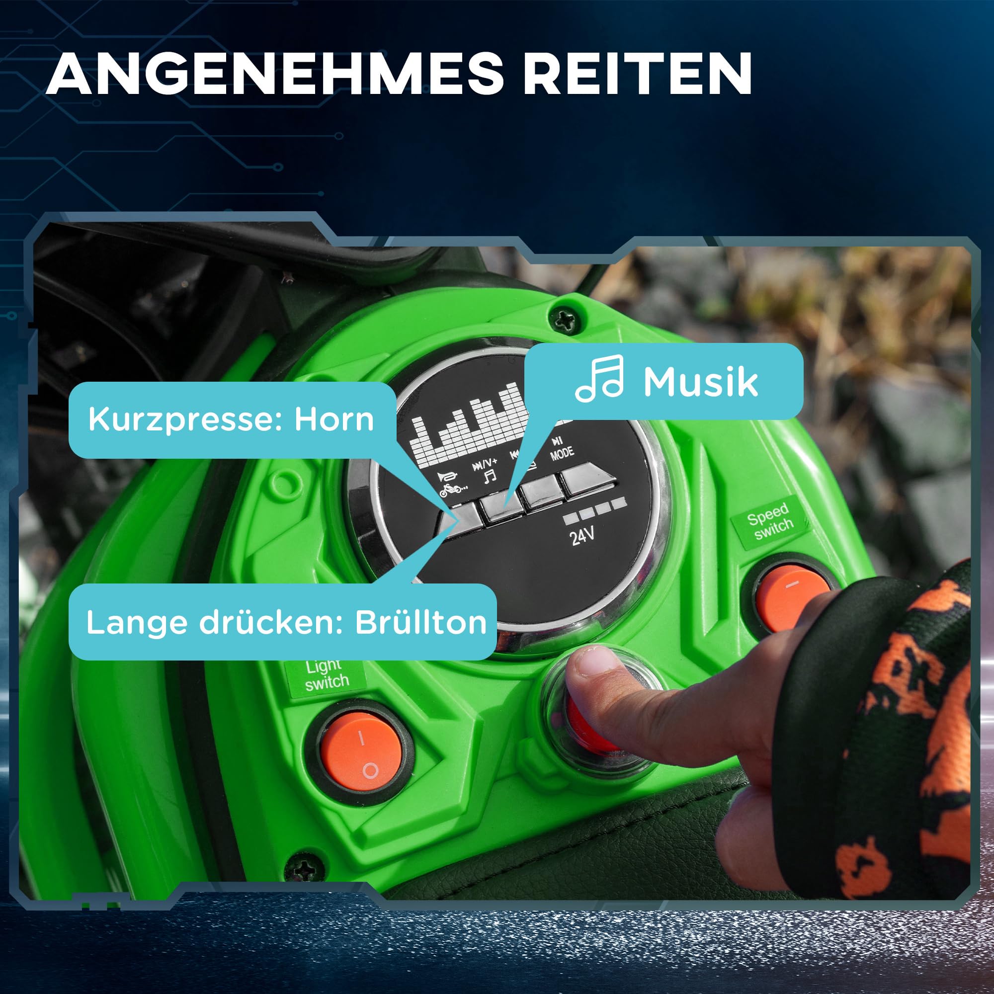 HOMCOM Elektro Motorrad Kinder 24V mit 350W Motor für 8-12 Jahre Grün | Scheinwerfer, Musik, 8-16 km/h, Kindermotorrad mit Luftreifen
