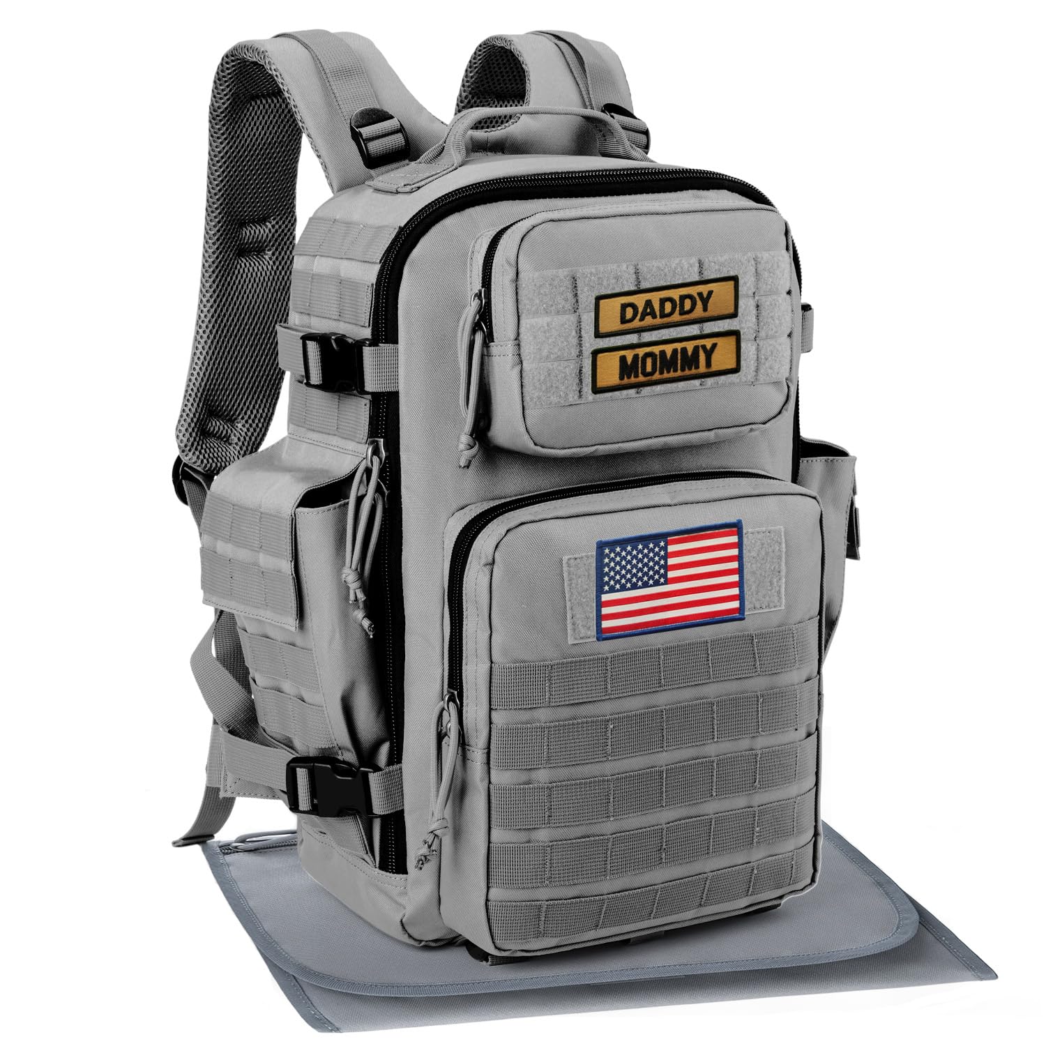 SHARKMOUTH Diaper Bag with Changing Pad - Large Military Daddy Gear Backpack for Hiking Travel Camping, Gray W/ Changing Pad, Modern