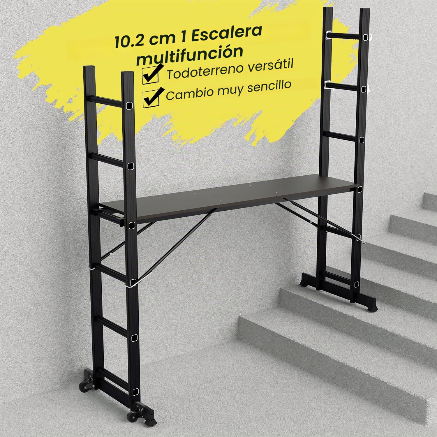 Gimisgu Andamio, escalera multifunción 4 en 1 de aluminio 6+6 peldaños, andamio móvil multiusos con plataforma y 2 ruedas, plataforma de trabajo, andamio de trabajo, soporta hasta 150 kg máximo, Negro