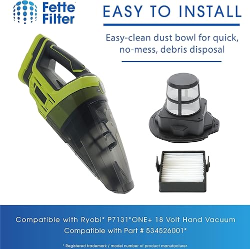 Miniatura 4 de Fette Filter - Juego de pantallas de filtro P7131 compatible con Ryobi P7131, P7131ID 18V ONE+ HAND VACUUM Parte # 534526001 y filtro 533907002 (1