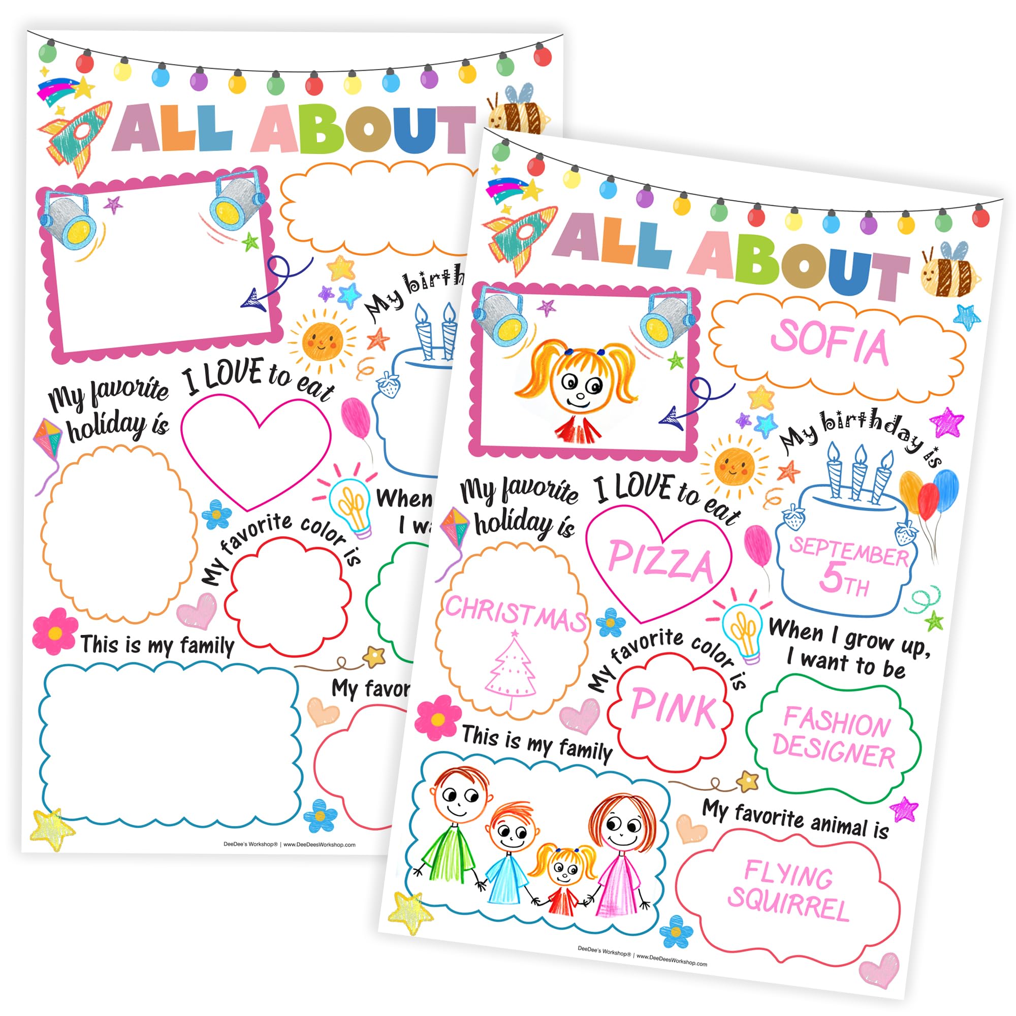 DeeDee's Workshop 25 All About Me Classroom Posters - 11 x 17 inches, Full Color Educational Wall Art for Students (English)