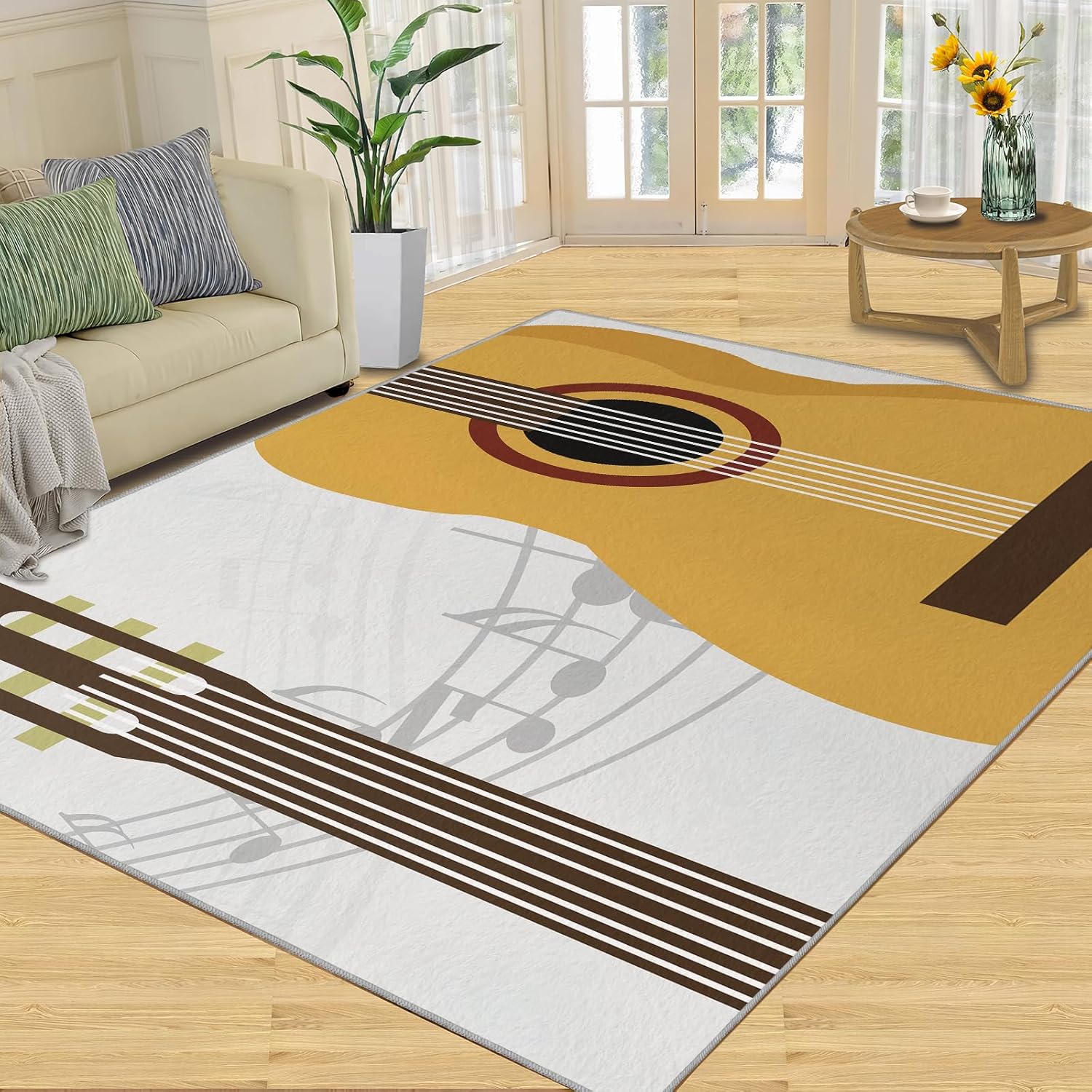 Cartoon Wooden Guitar Rugs, 2x3ft Rug for Living Room Washable Rugs, Modern Simple Music Lover Rugs for Bedroom, Non-Slip Backing Soft Foldable Rugs for Dining Room Teen Room Apartment