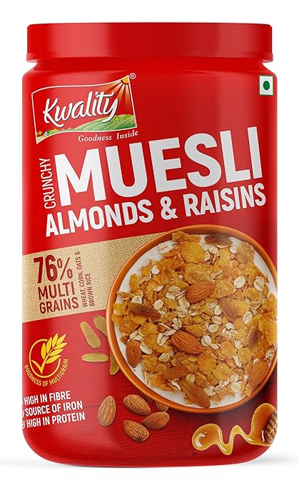 Kwality Muesli Crunchy Almond, Raisins and Honey, Goodness of Multigrain, High in Fibre Source of Vitamin, Iron and Protein 1Kg Jar
