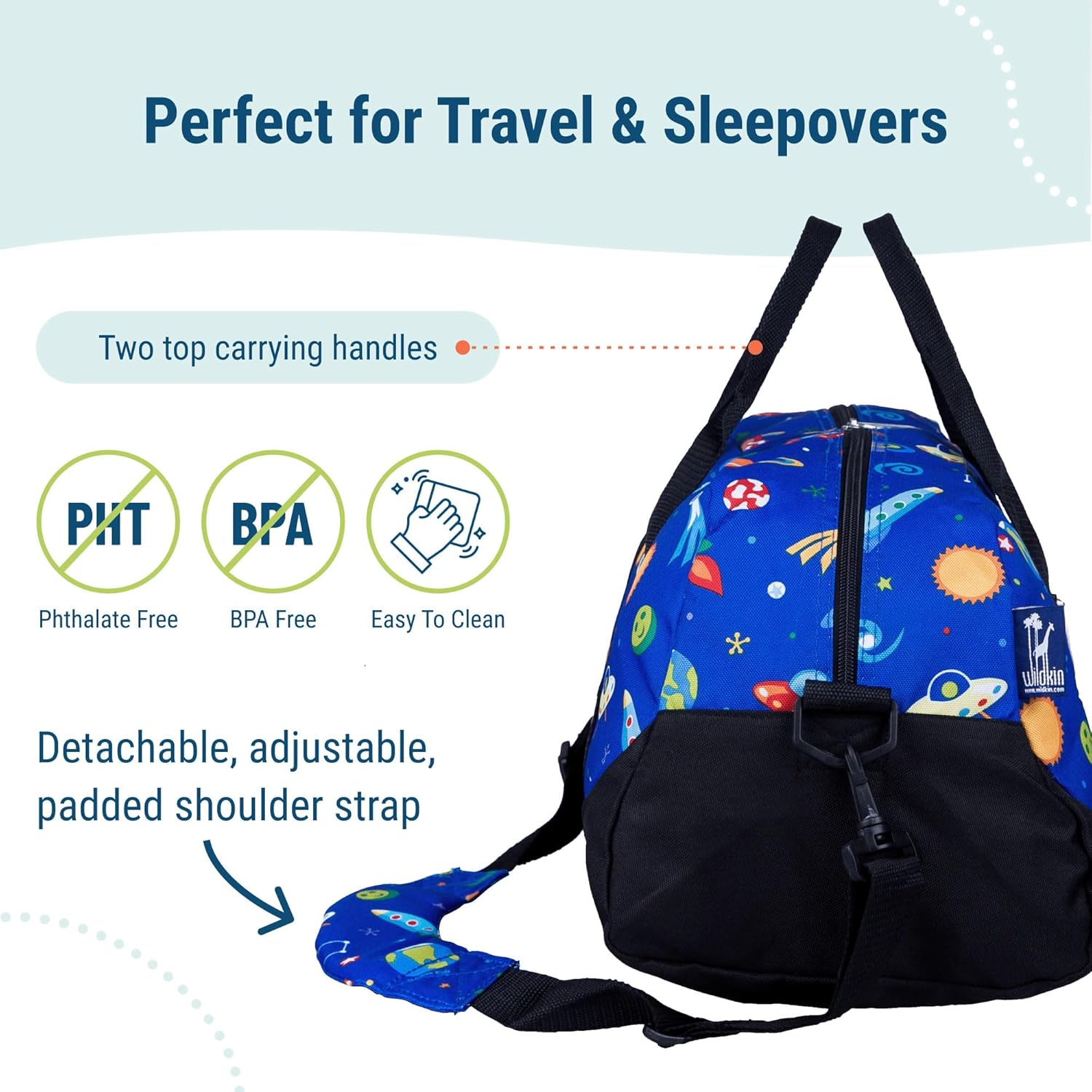 Wildkin Kids Overnighter Duffel Bag – Carry-On Travel Bag for School & Sleepovers, Lightweight, Durable, Boys & Girls Ages 4–15 – Out of this World