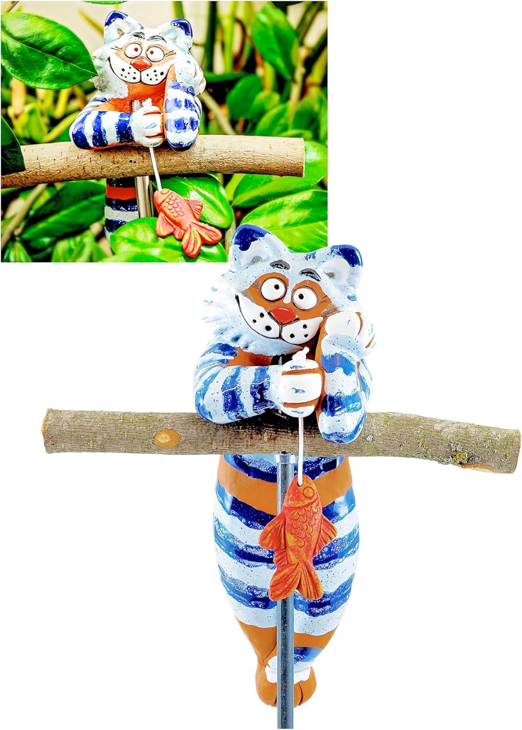 Cat Felix with Fish Outdoor Stake, Garden Decor