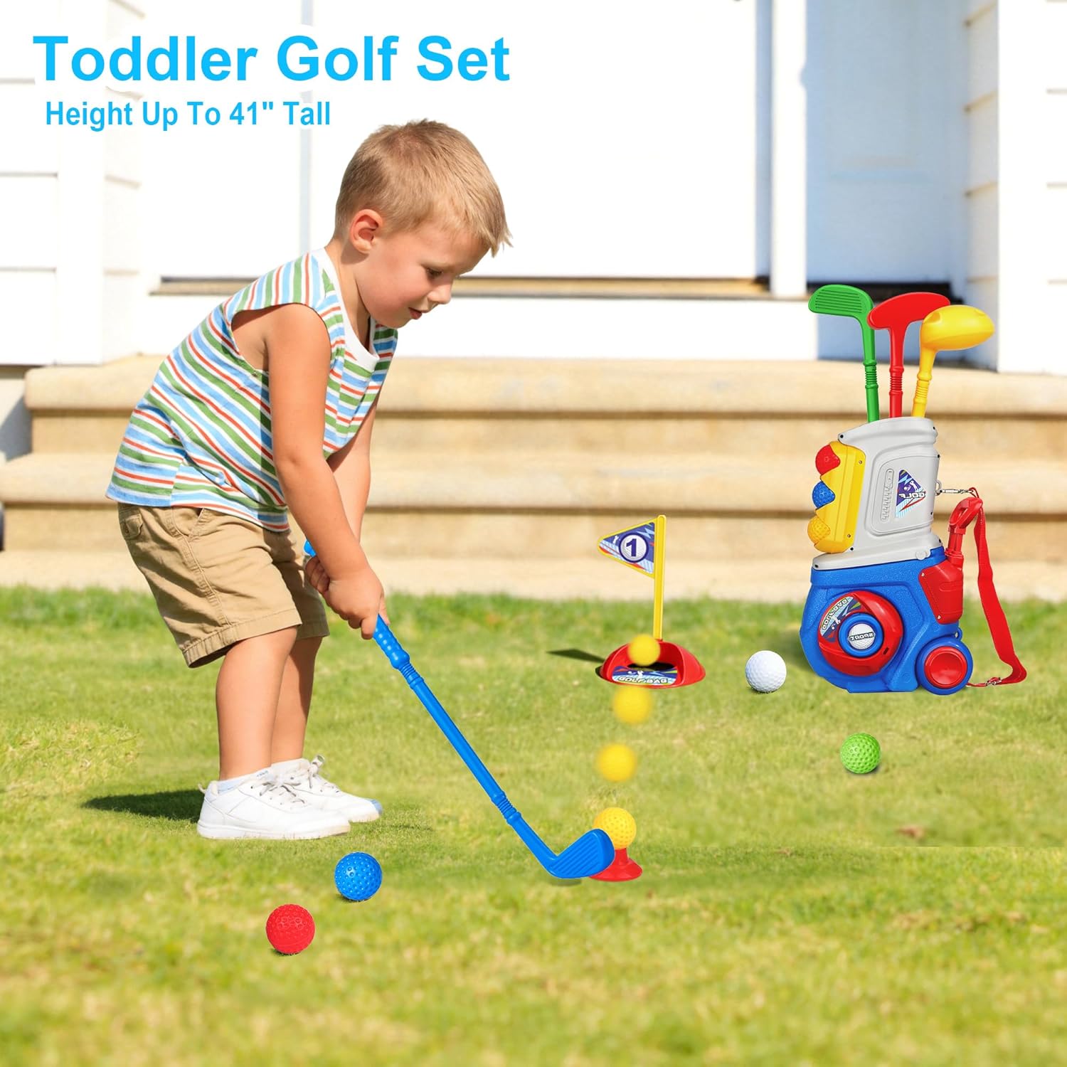 Toddler Golf Set, Kids Golf Set for Ages 1 2 3 4 5 Years Old Boys Girls with 4 Plastic Golf Clubs 10 Balls, Indoor Outdoor Baby Toddler Golf Clubs Set Toy with Cart Birthday Gifts Blue - Image 2