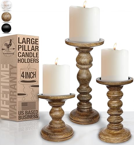 Miniatura 2 de Large Wood Candle Holders (Set of 3) - Tall Rustic Pillar Candlestick Stands - Fits 4 inch & 3 inch Pillar Candles - Modern Farmhouse Decor