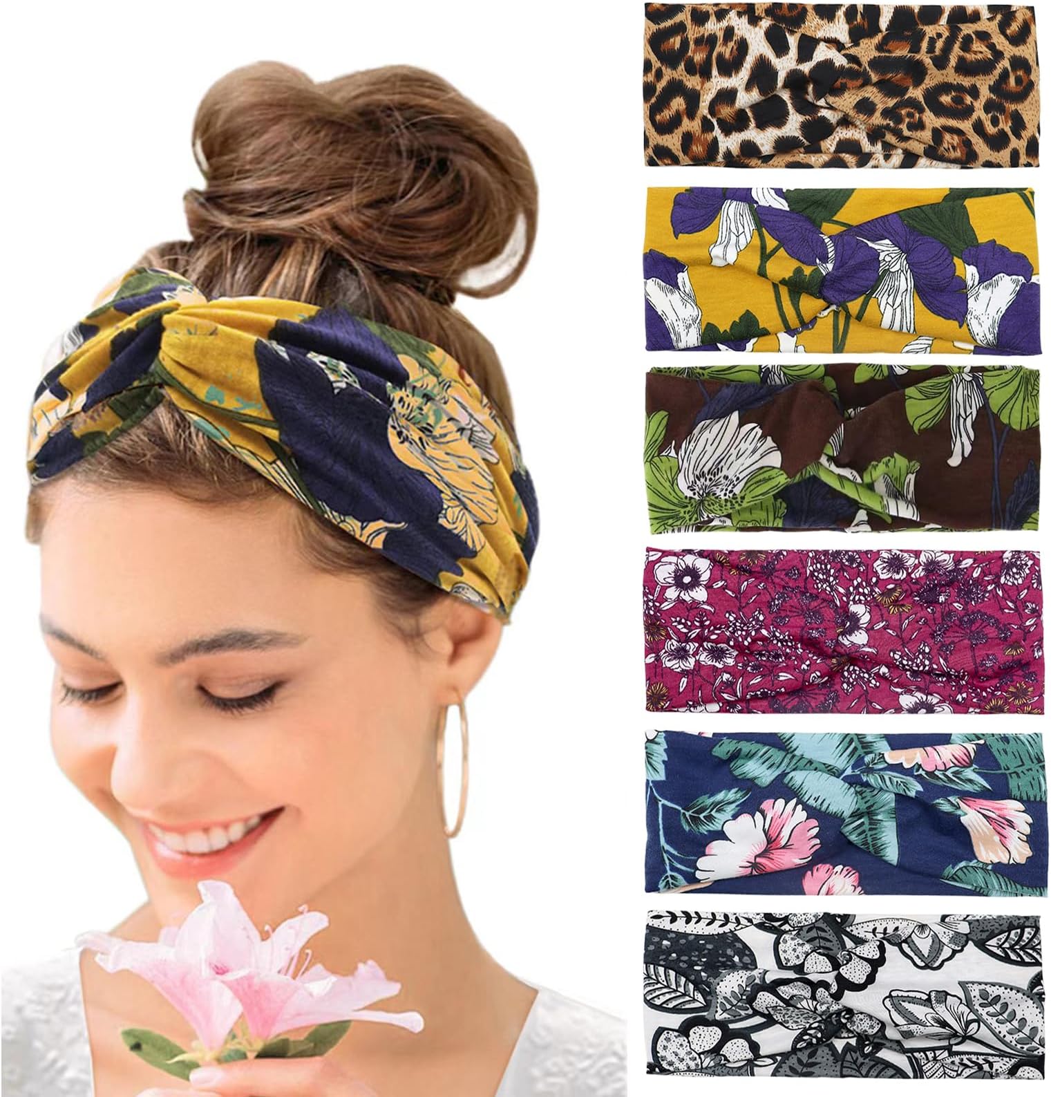 Kavya Wide Hair bands for Women Boho Headbands for Women's Hair Elastic Soft 6 Pieces Headband Print Head bands Adult Women Accessories Yoga Sports Hairband Multicoloured Thin Headscarf