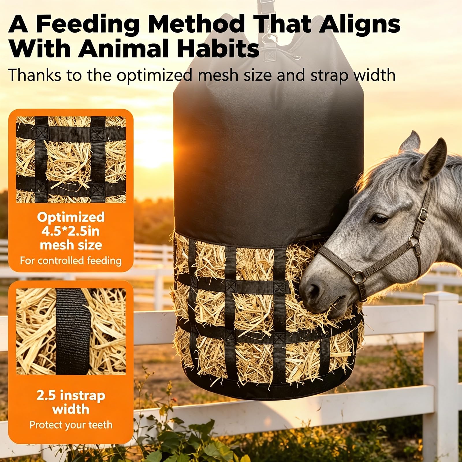 Heunetz engmaschig für Pferde, Esel & Ziegen | Premium XXL-Heusack für Pferde mit 6,5 cm Maschenweite, ideal für Übernachtung, Weide & Pferdeanhänger – langlebig & Slow-Feeding