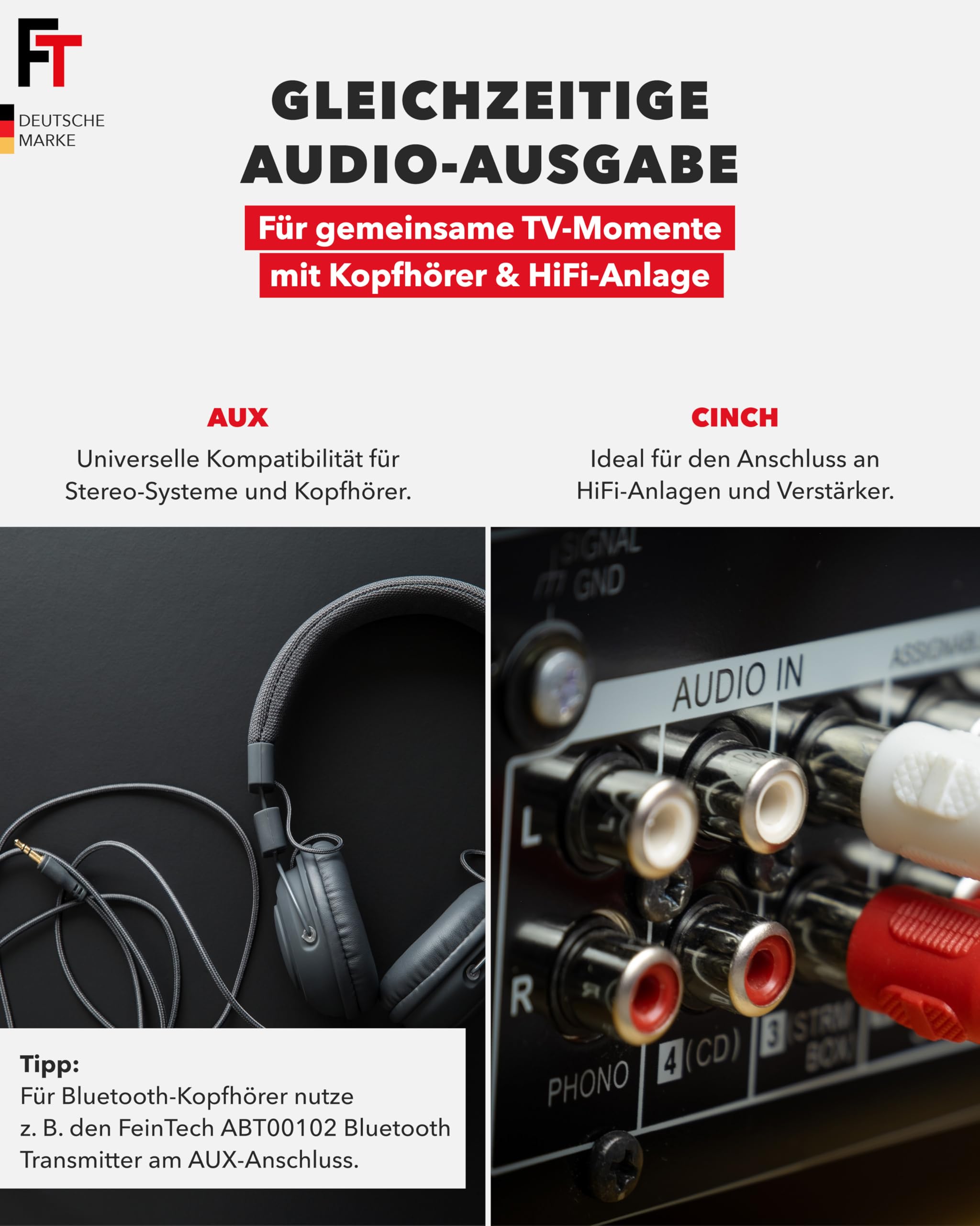 FeinTech HDMI ARC Audio Extractor Adapter für TV mit Lautstärke-Steuerung Cinch AUX Klinke 3.5mm