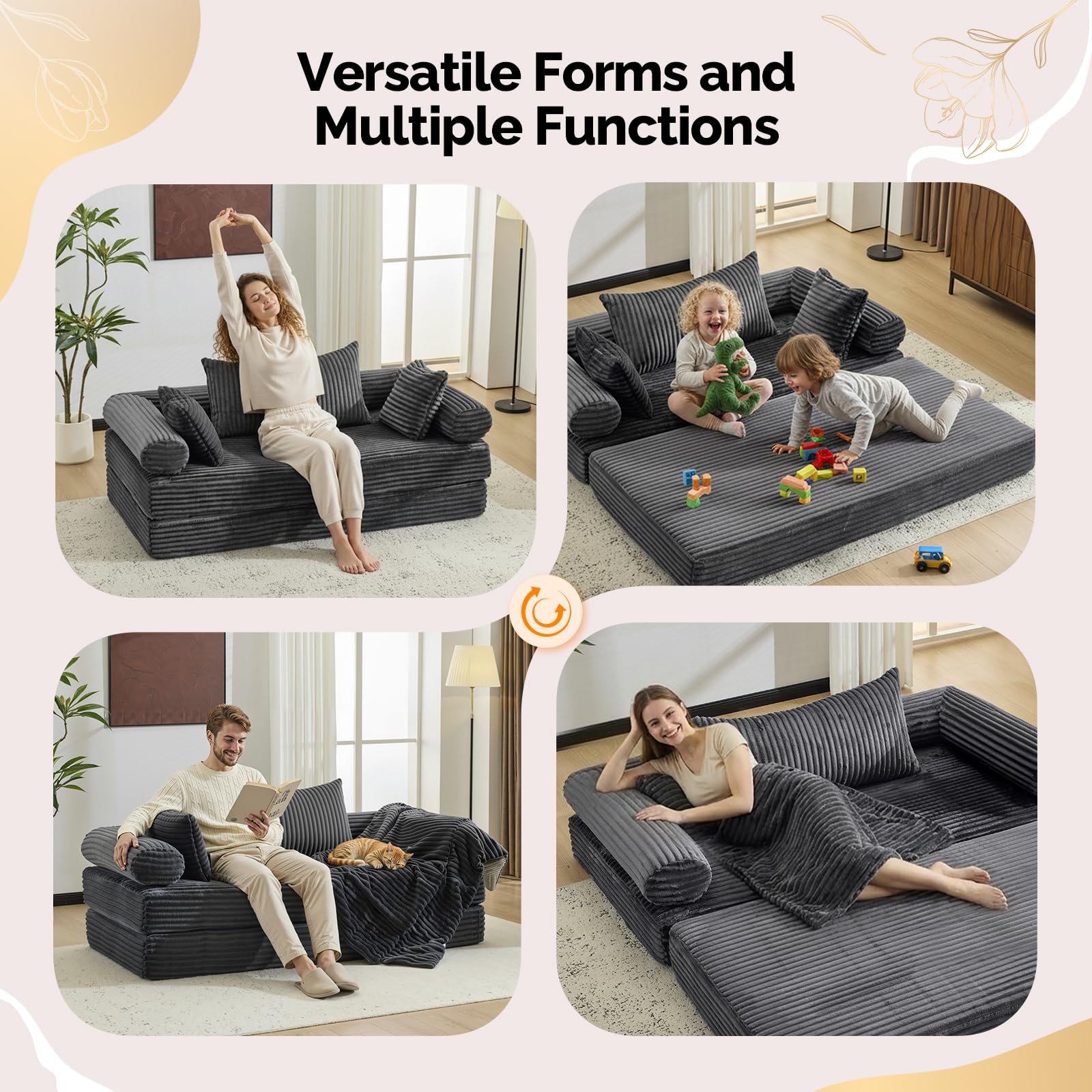 VINGLI Convertible Futon Sofa Bed, Upholstered Corduroy Boneless Couch King Size Floor Loveseat Sleeper Sofa with 2-in-1 Throw Pillow & Blanket Couches for Living Room, Bedroom, Lounge, Dark Gray