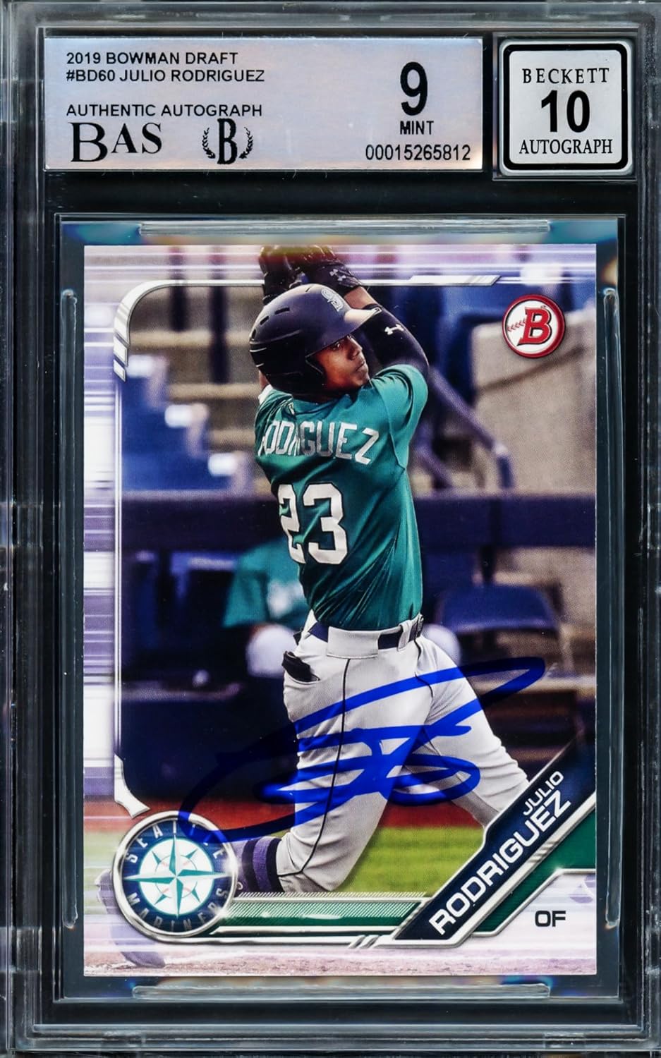 Julio Rodriguez Autographed 2019 Bowman Draft Rookie Card #BD60 Seattle BGS 9 Auto Grade Gem Mint 10 Beckett BAS Stock #211845