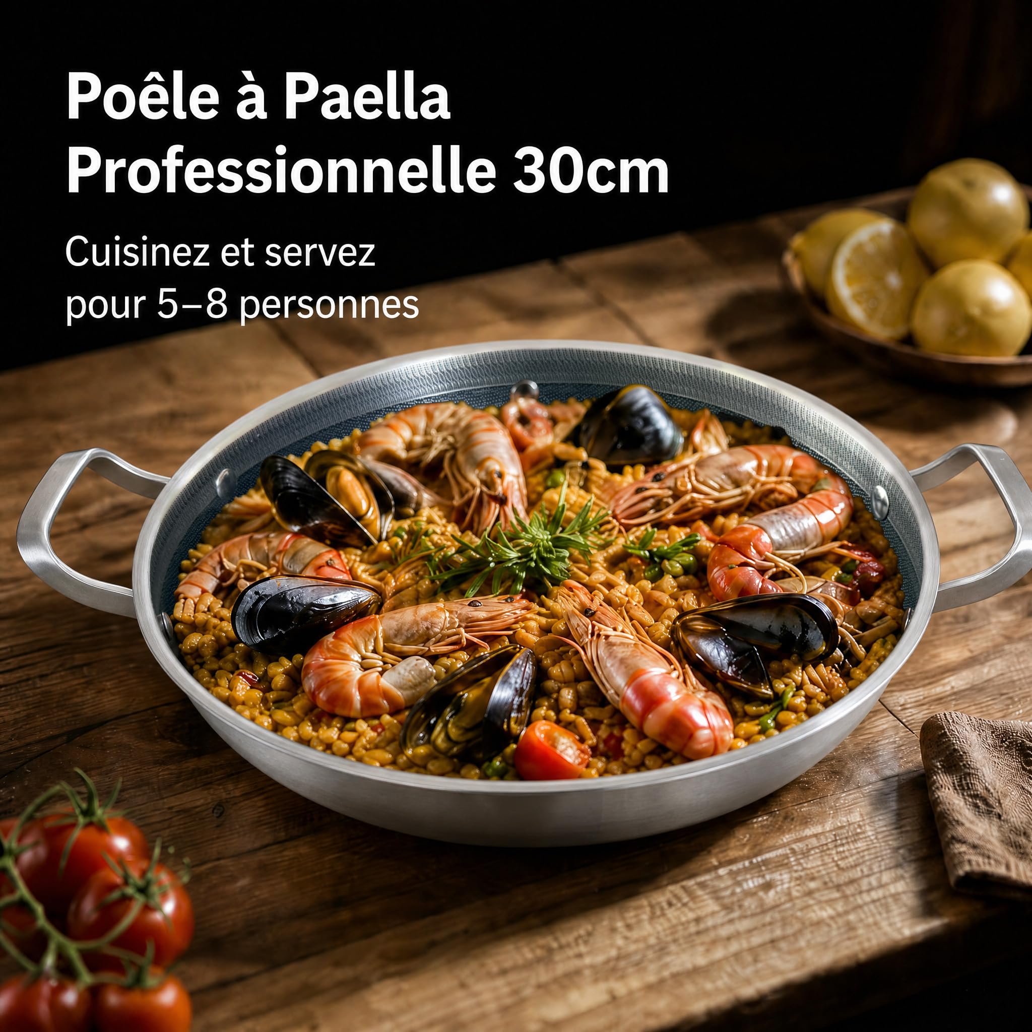 Inqibee Poêle Paella Hybride 30cm Inox, Antiadhésive Sans PFAS/PFOA | compatible induction et tous feux, Pour 3 à 5 Personnes, Nettoyage Facile,, passe au four et lave-vaisselle