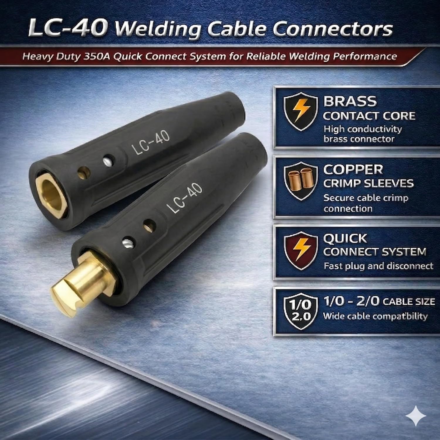 LC-40 Welding Lead Connectors for 1/0-2/0 AWG Cable, 350A, 2 Pairs | Pure copper contacts with plastic insulating housings and complete hardware for cable assembly