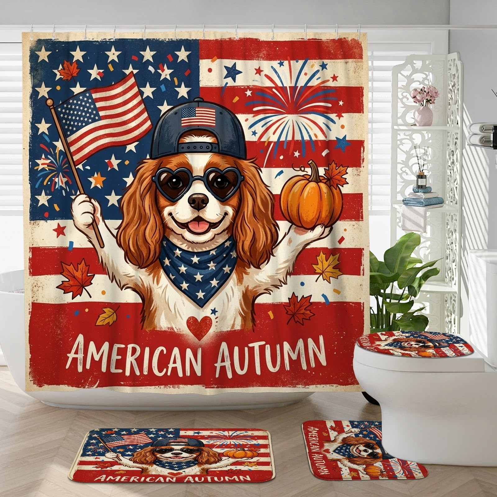 Tapis de bain Cavalier King Charles : lot décoration de toilette mignonne et patriotique