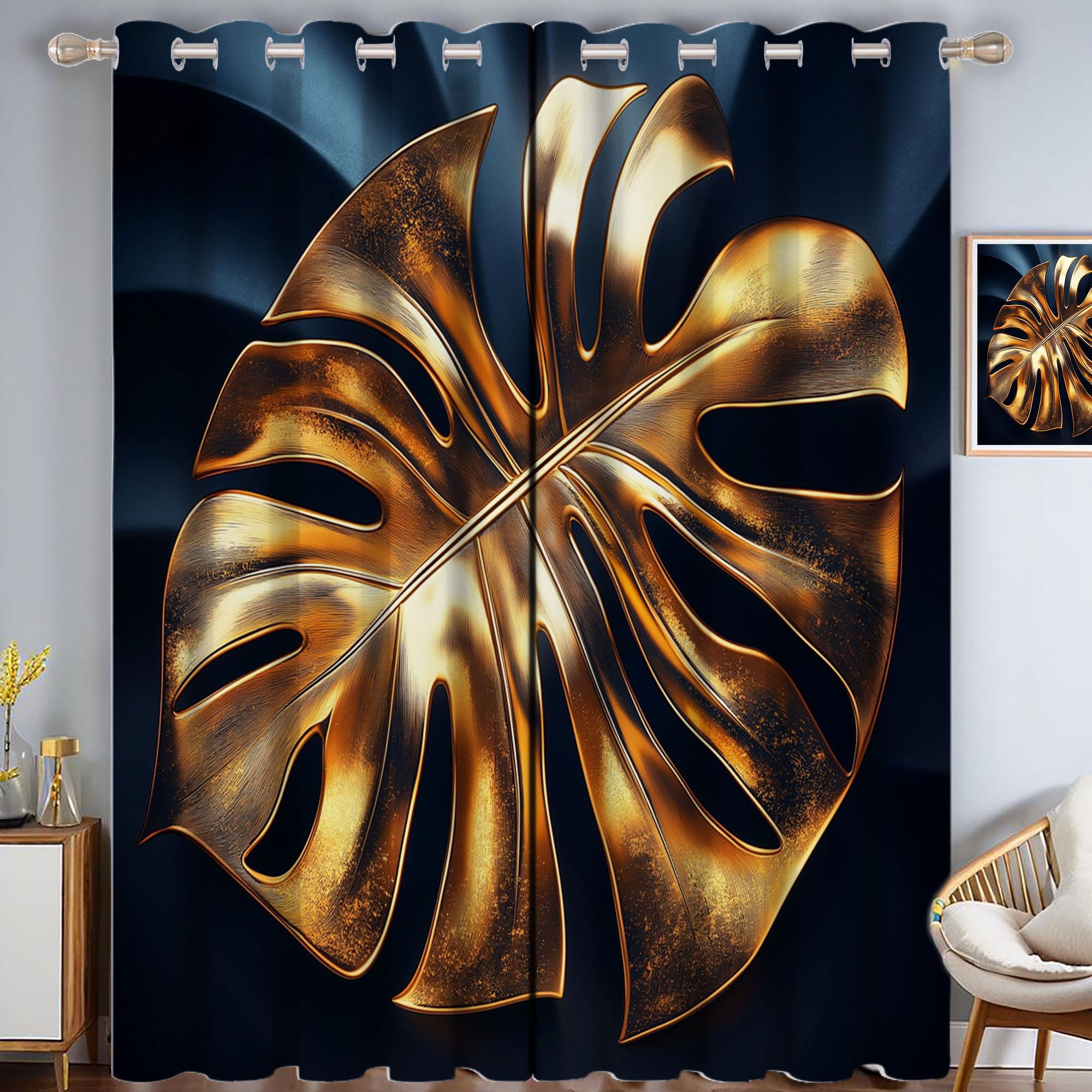Rideaux Occultants Monstera Or et Noir 140x175cm | Lot de 2 Rideaux Opaques Thermiques