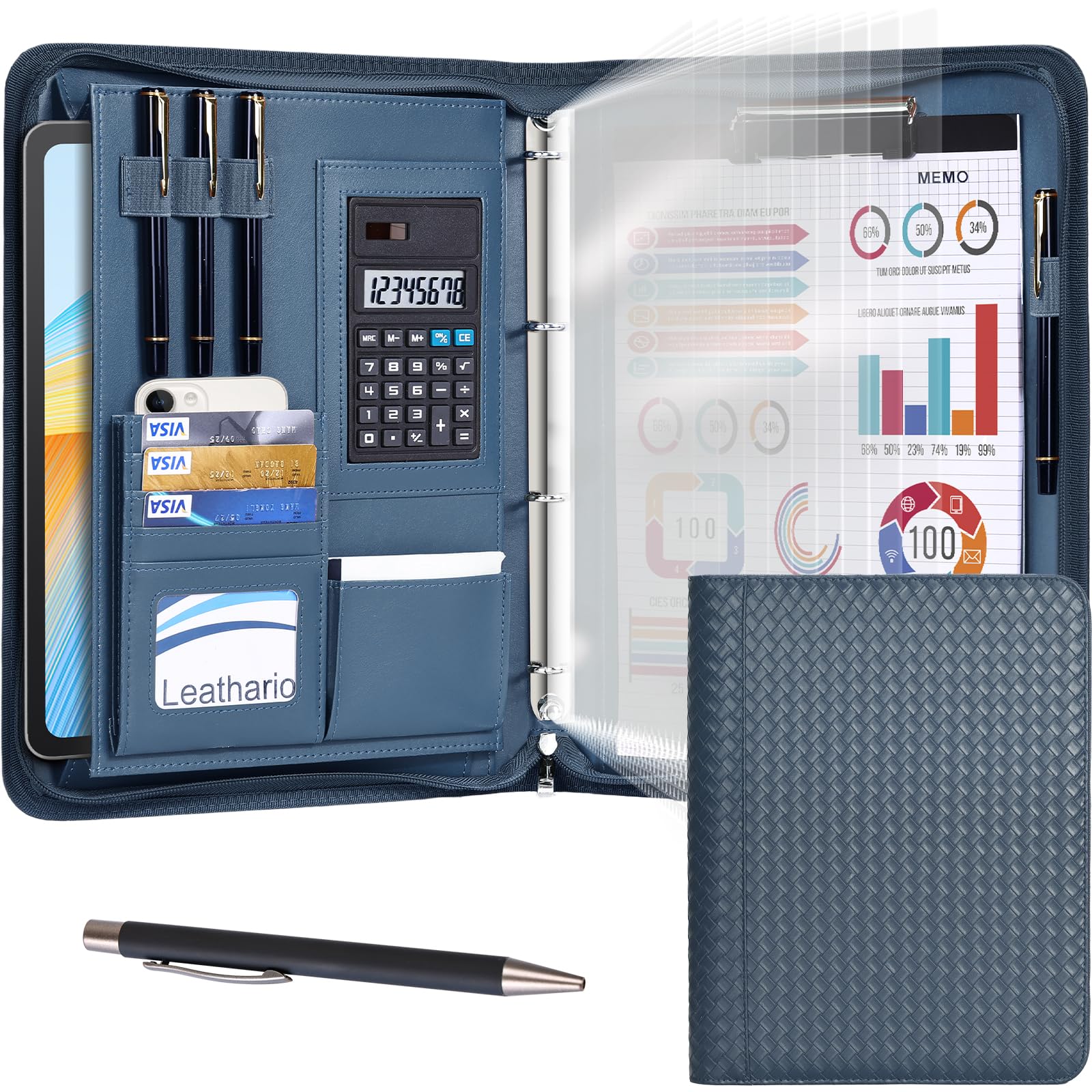 Leathario Portfolio Folder A4, Vegan Leather 4-Ring Conference Folder, Includes 10 Clear Sheet Protectors and a Pen, Multi-Pocket Travel Document Holder Organiser, Office Supplies