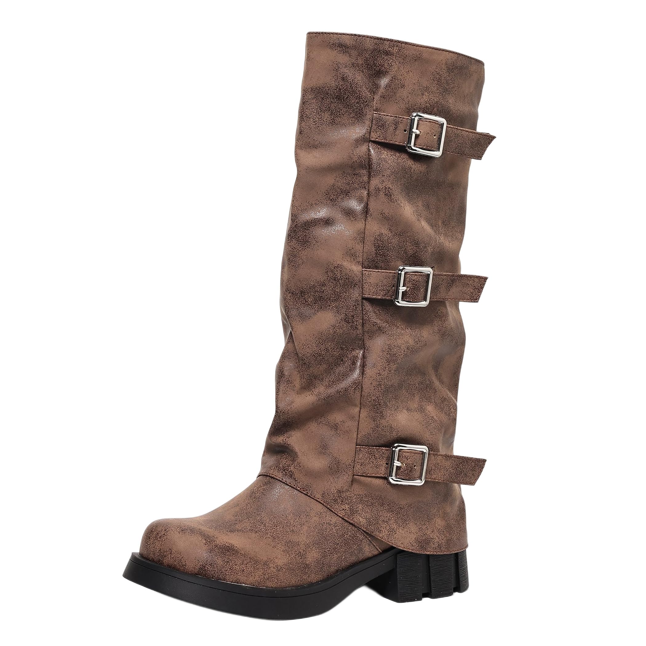 SoundSky Womens Knee High Combat Boots Triple Buckle Chunky Platform Heel Military Boots