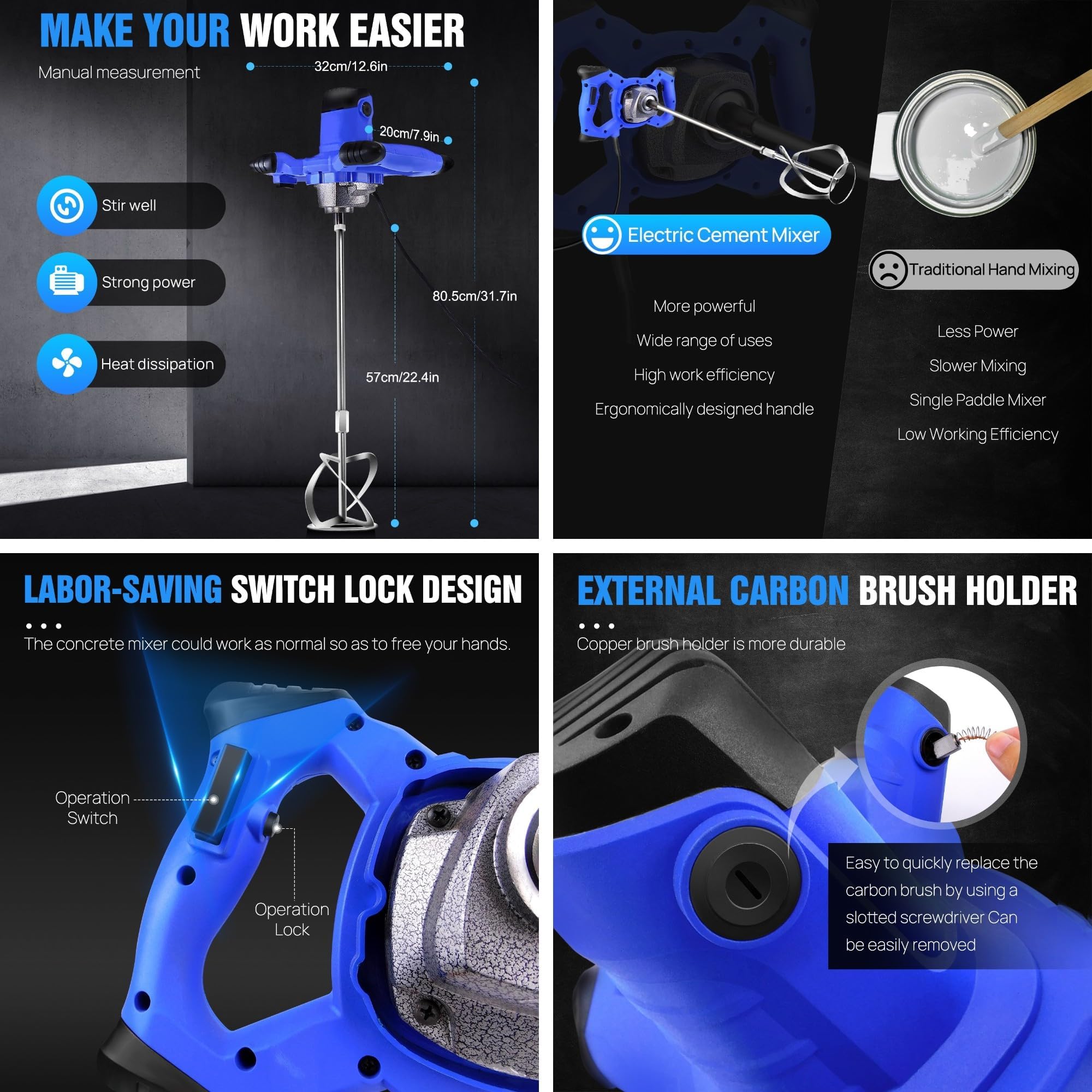 Banas Agitatore 2600W Agitatore per malta, Agitatori manuali a 6 livelli Agitatore per miscelatore Agitatore per malta Calcestruzzo, Blu; Durevole e adatto a un'ampia gamma di materiali