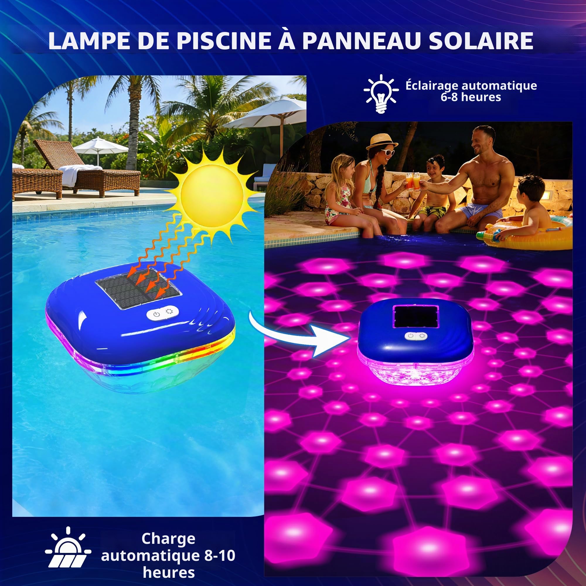 Luxfero Lampe Piscine Flottante Solaire, Lumiere Piscine avec 9 LED Spectacles Changeantes, Étanche IP68 Lumiere Piscine, Contrôle par touches, Éclairage Piscine Extérieure pour Étang Jardin -2 Pièces