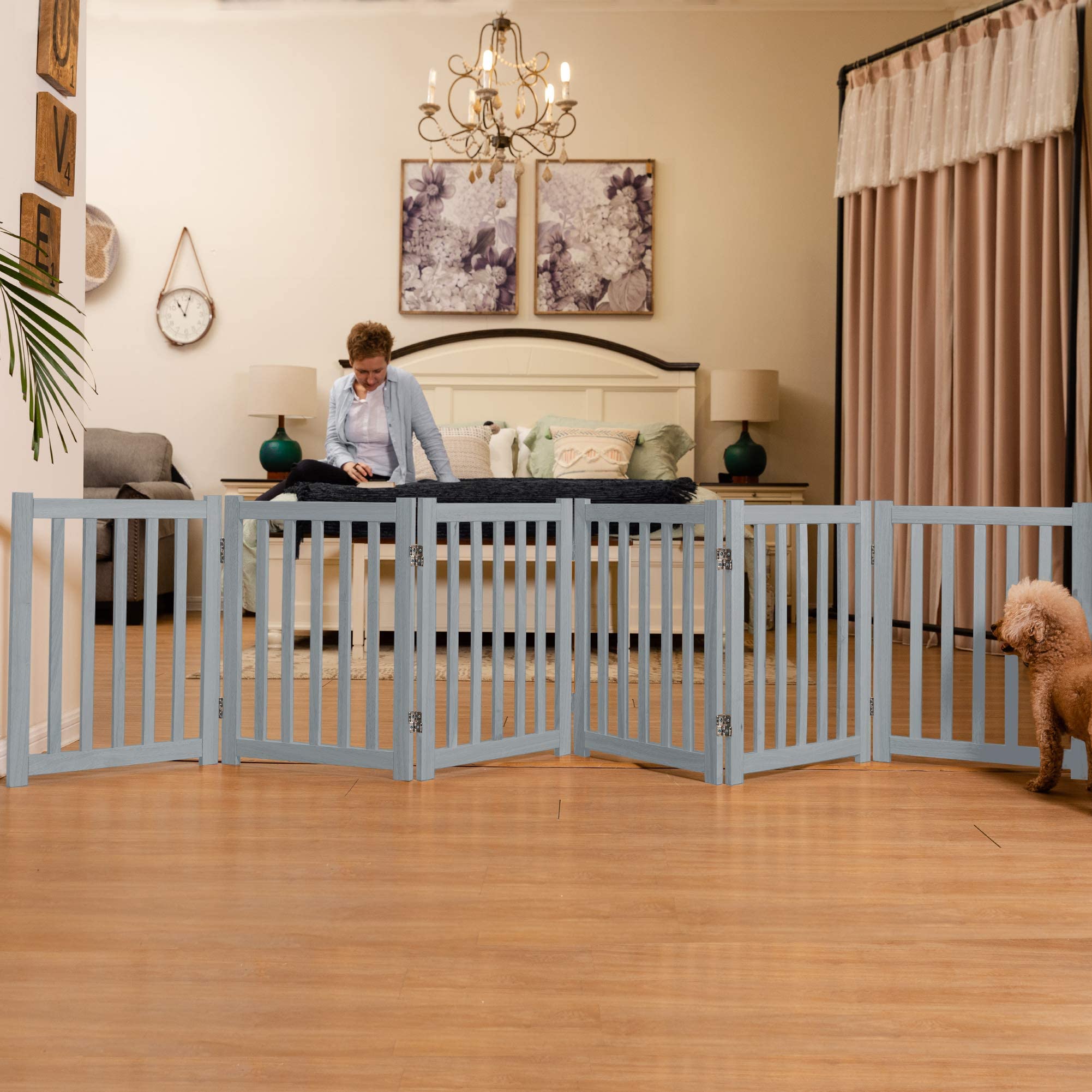 LZRS Oak Wood Foldable Pet Gate,Wooden Dog Gate,Cat Gate,Pet Gate with Pet Free Collar for House Doorway Stairs,Freestanding Indoor Outdoor Gate Safety Fence