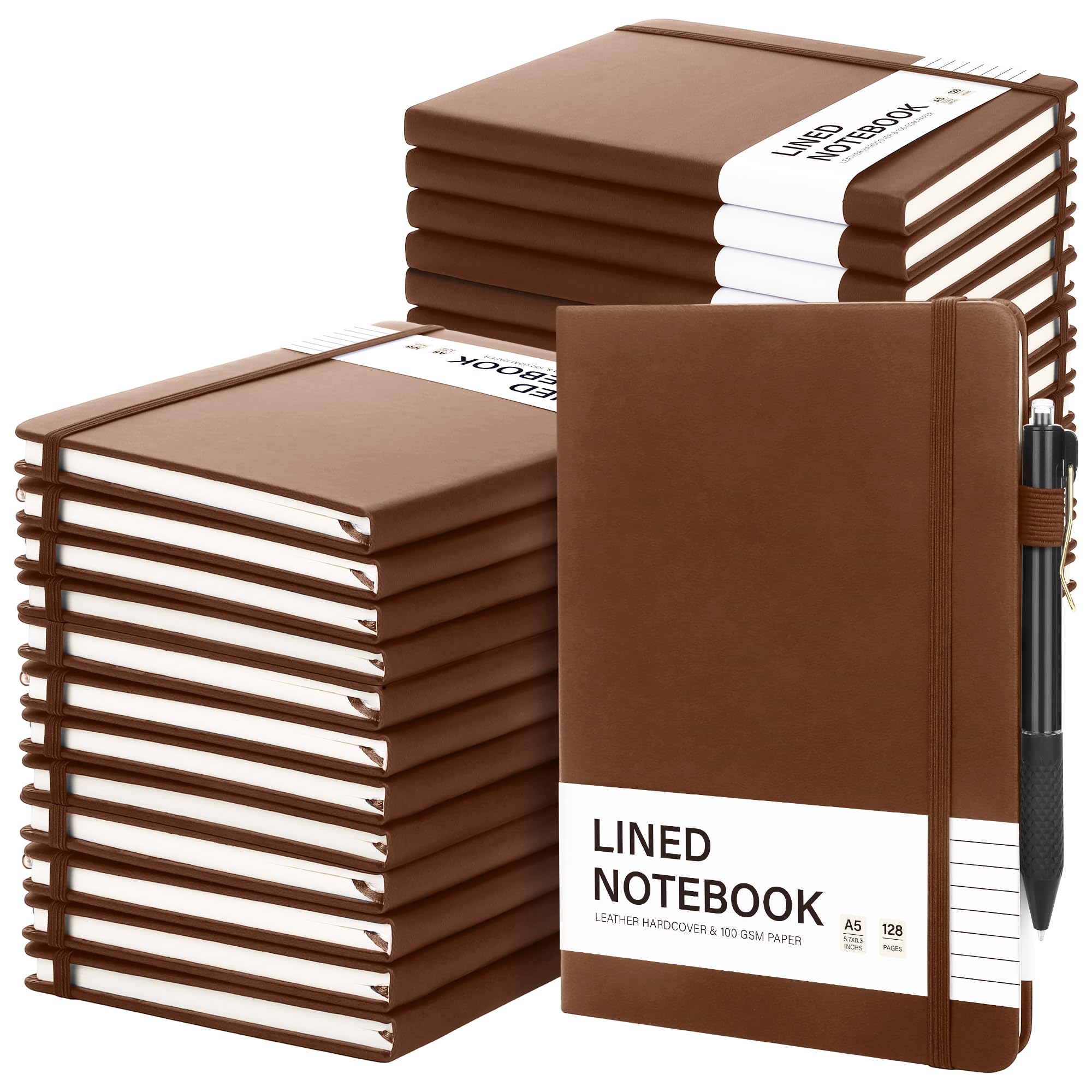 Aodaer Juego de 30 cuadernos rayados con bolígrafos, cuadernos A5, 100 g/m², tapa dura, cuaderno de piel sintética con soporte para bolígrafo, para oficina, escuela, 5.7 x 8.3 pulgadas, marrón oscuro