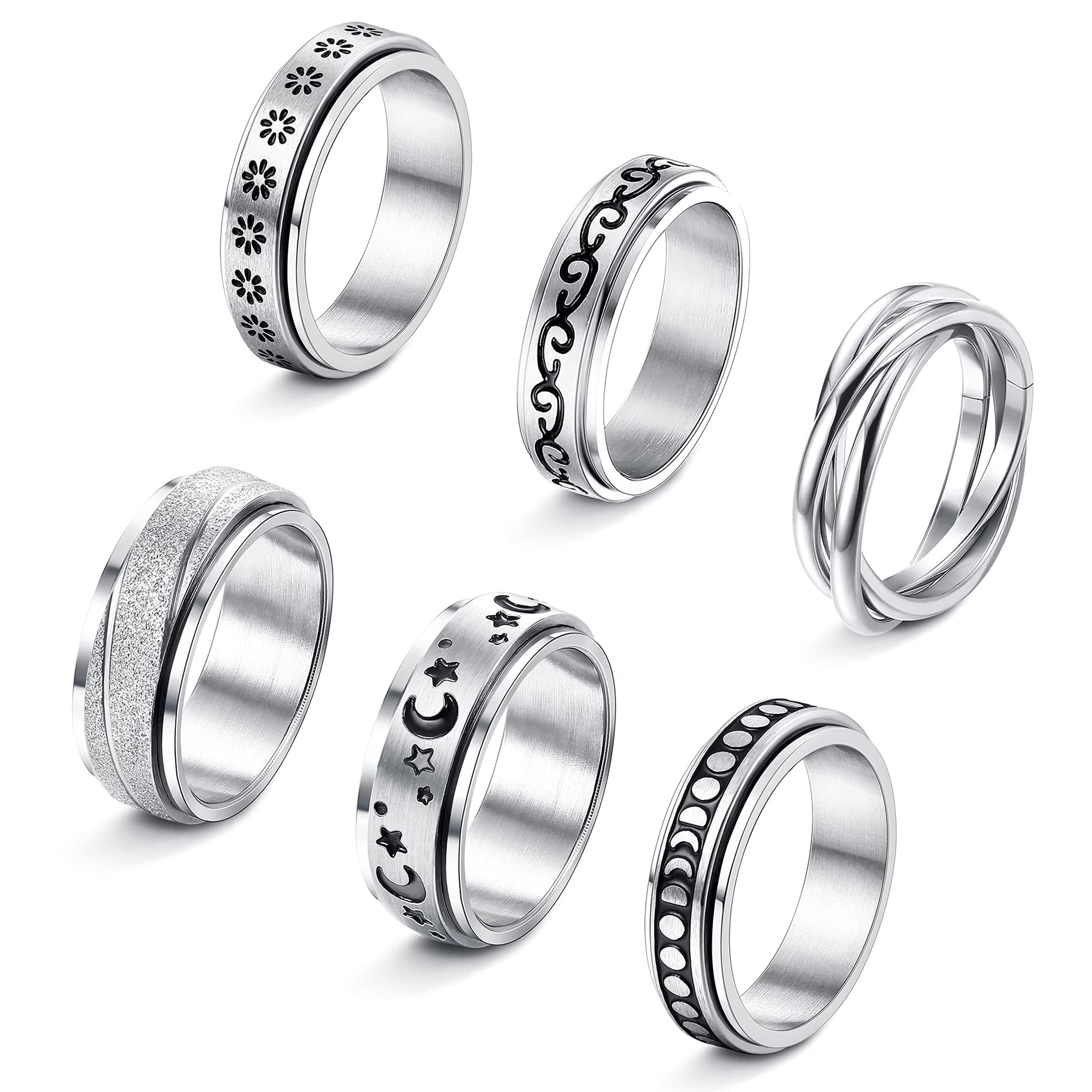 JeweBella6 Piezas Anillo Antiestres Acero Inoxidable para Mujer hombre Anillo Ansiedad Anillo Antiestres Giratorio Anxiety Ring Anillos Triple Entrelazado Rolling Flower Moon Star Anillo Talla 9-22
