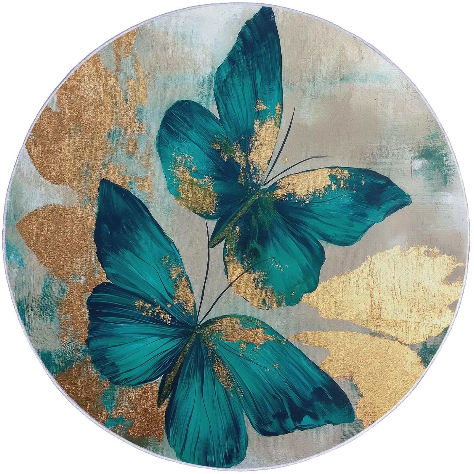Large Round Area Rugs for Living Room 120 cm Abstract Texture Butterfly Pattern Soft Circle Carpet Rug Non Slip Machine Washable Bedside Floor Rug for Bedroom Kitchen Home Decor, Cyan Gold — image 1