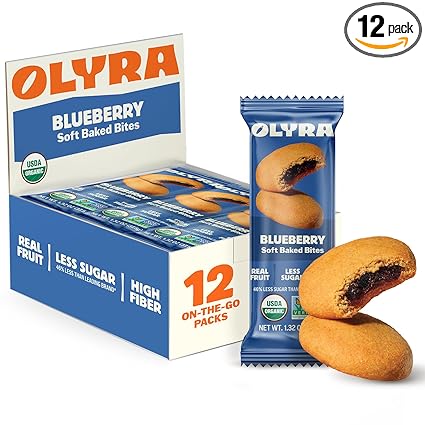 Olyra Blueberry Organic Bars, Prebiotic High Fiber Bars, Healthy Snacks for Kids, Low Sugar, Vegan, Office Bar, USDA Certified Organic, Non GMO (Pack of 12)