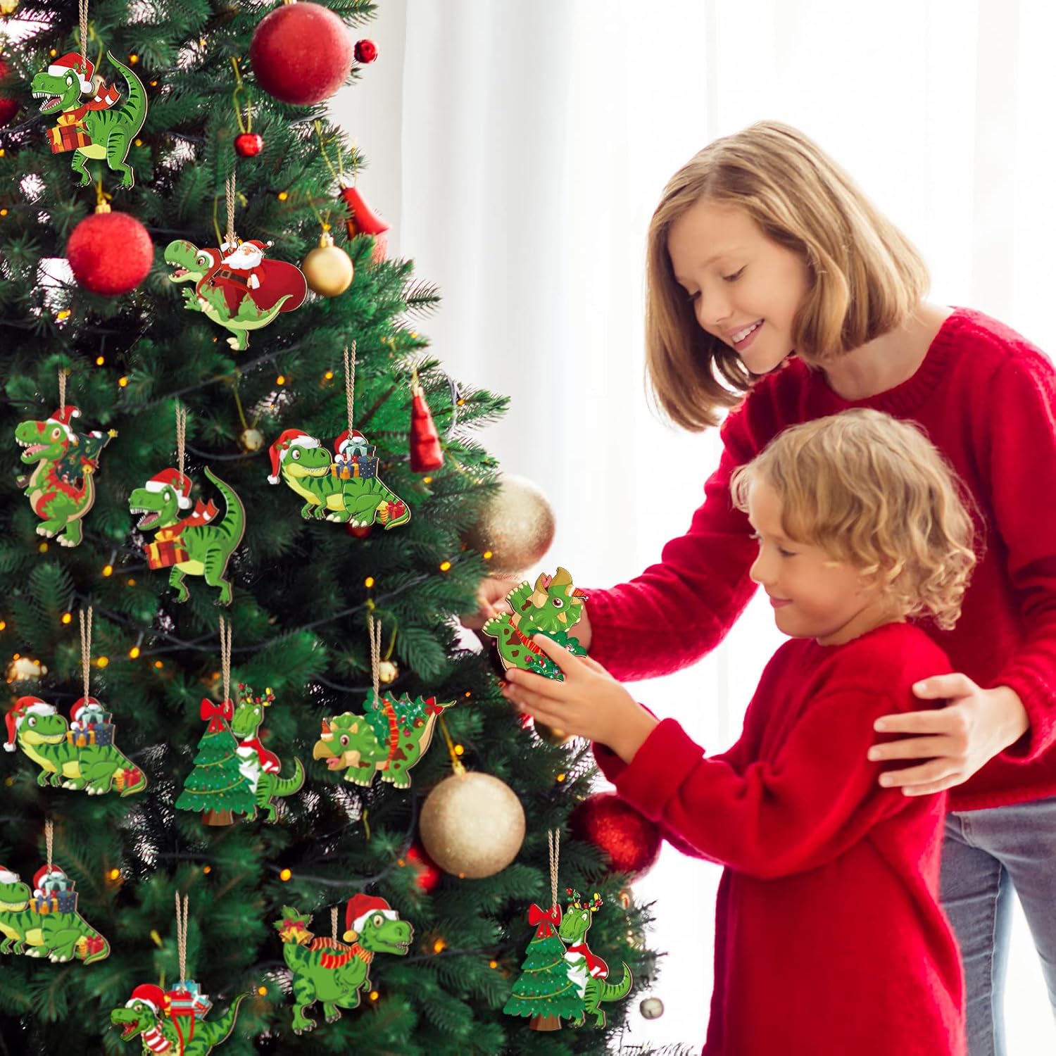 BBTO 40 Pcs Christmas Dinosaur Ornaments Christmas Tree Topper Ornaments Wood Decorative Hanging Dinosaur Wooden Decors for Tree Xmas Party Holiday Decoration