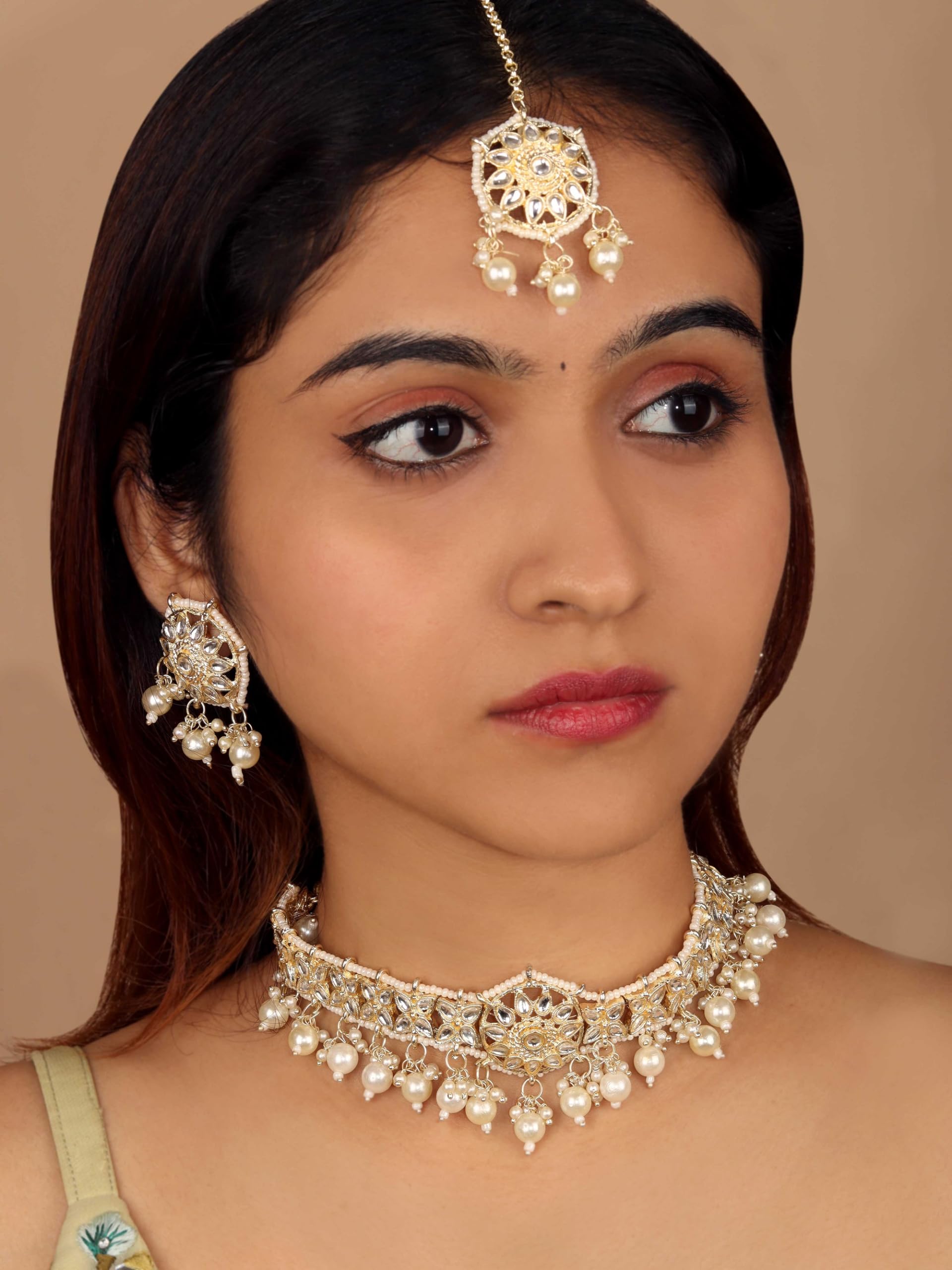 Klassisches Glamour Kundan Patti Choker-Set mit Perlen für Damen und Mädchen, goldfarben