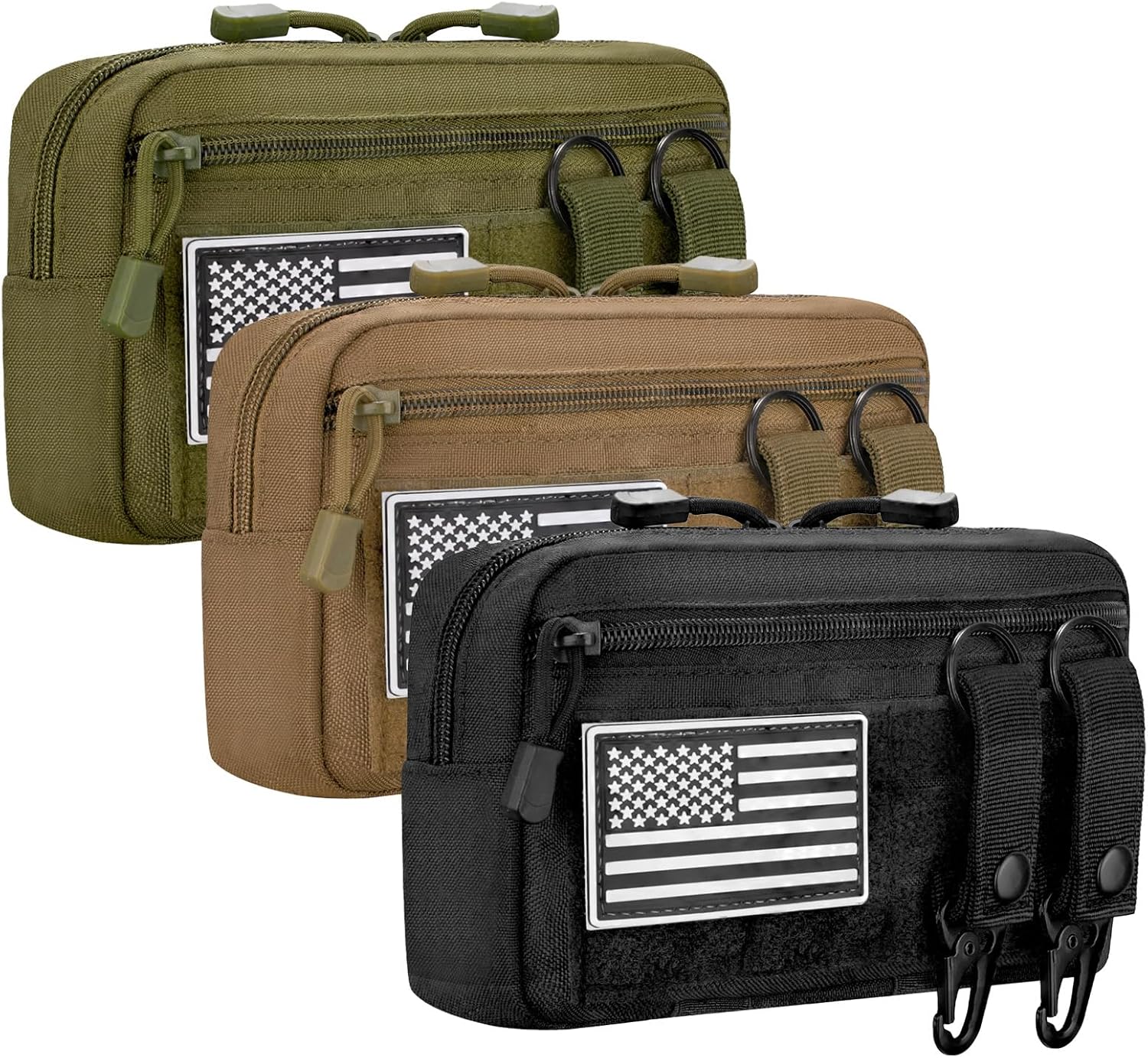 3-Pack Tactical Molle Pouch Set - Black/Tan/Green EDC Pouches with 6 Keychains & 3 US Flag Patches, 1000D Nylon for Outdoor, Duty Belt Accessories