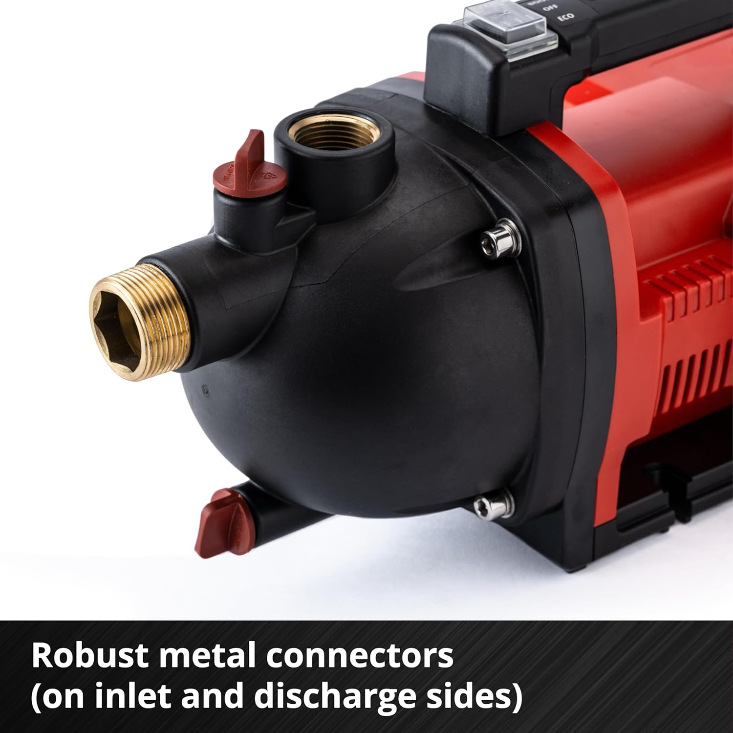 Close-up of robust metal connectors on the pump