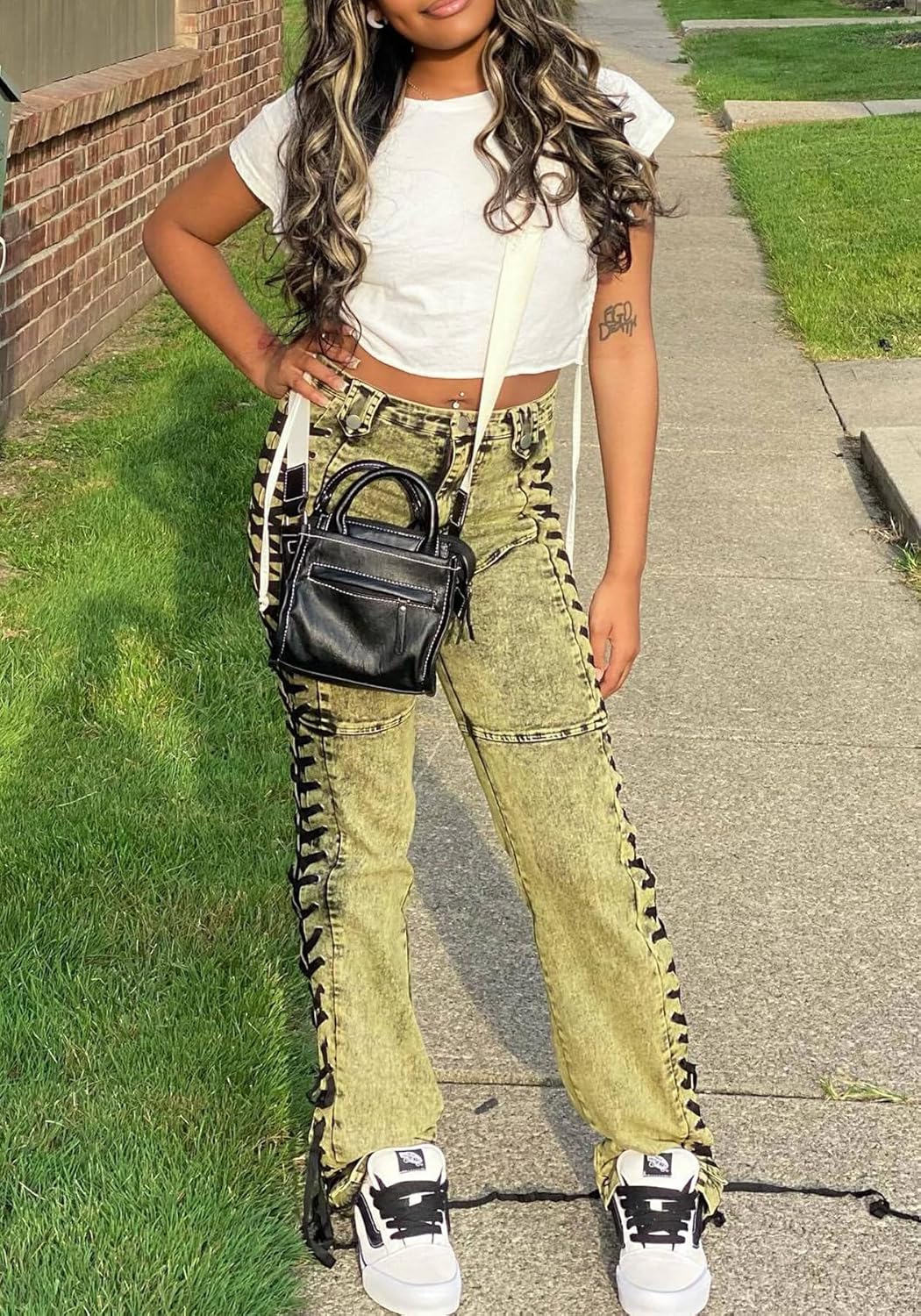 Women Straight Leg Jeans Casual Y2k High Waisted Lace UP Split Hem Jeans Slim Fit Trendy Denim Pants - Image 2