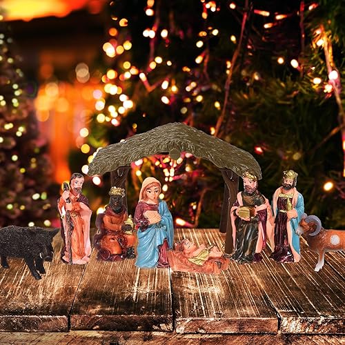 Miniatura 6 de Juego de 27 figuras de belén de Navidad, incluyendo bebé Jesús, estatua de la familia sagrada, modelo, árbol, musgo seco para mesa, decoración del
