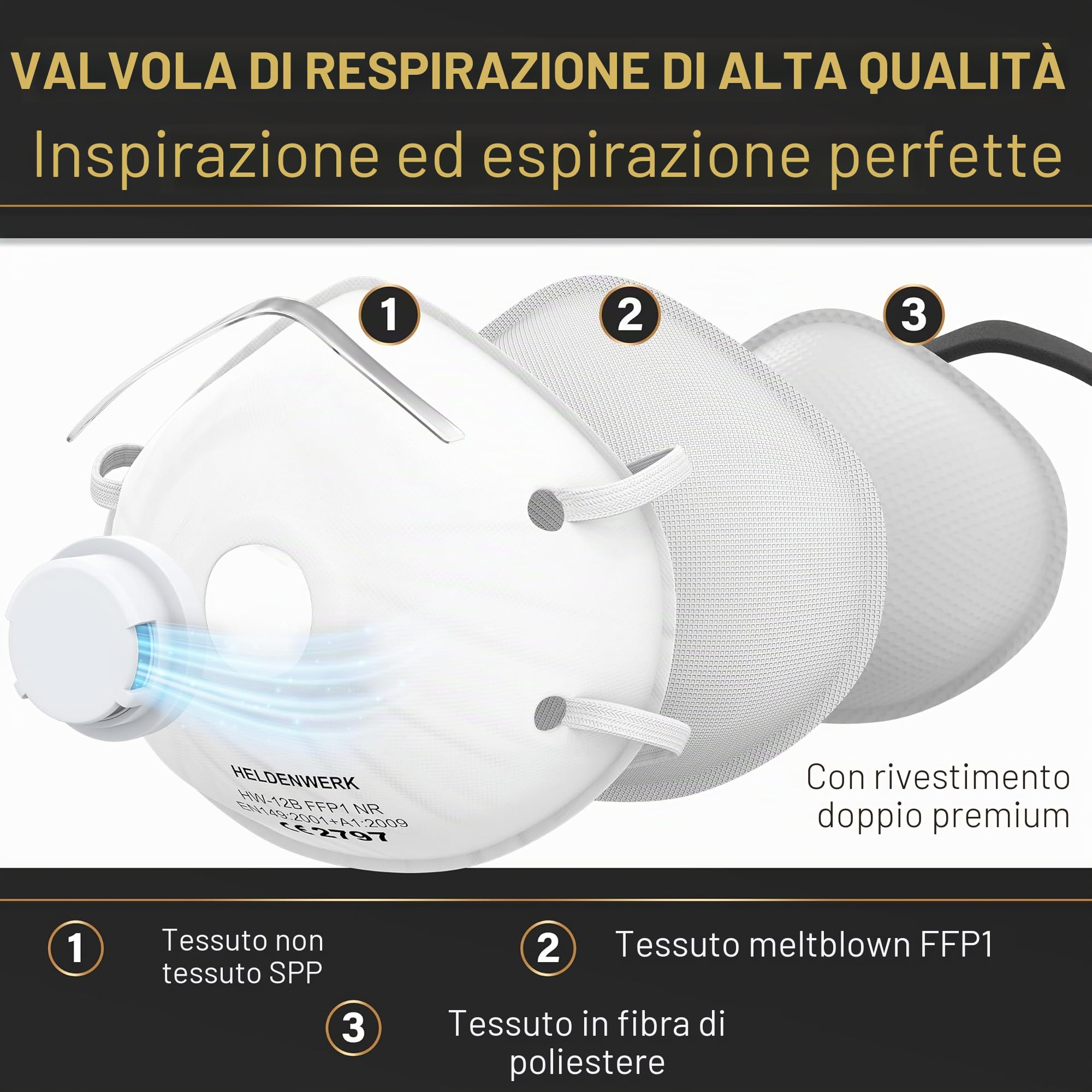Heldenwerk Mascherina di protezione respiratoria in set da 5 10 o 20 FFP1 perfettamente regolabile per polveri sottili