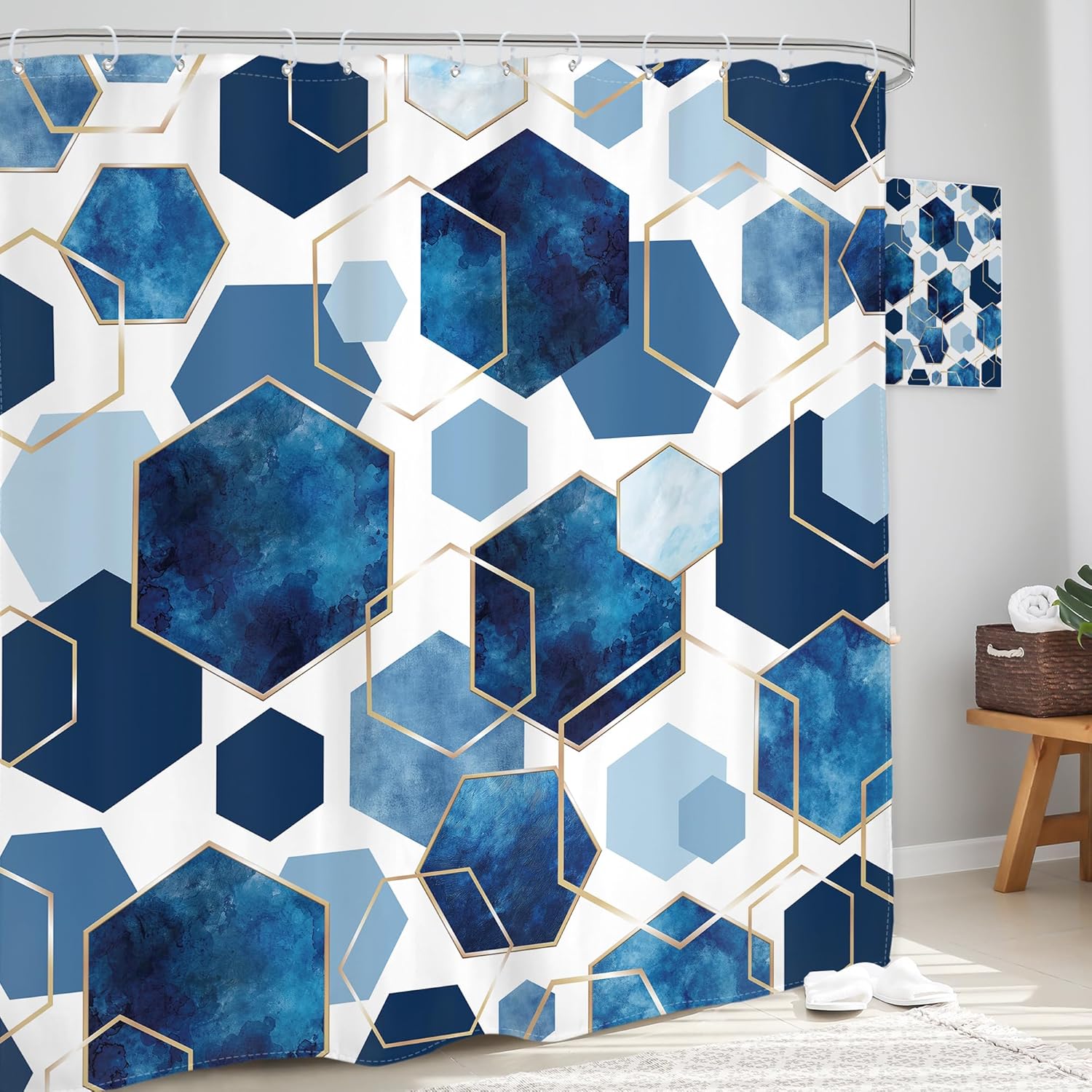 Glawry Extra Long Blue Grid Shower Curtain Geometric Abstract Watercolor Ombre Cubic Simple Minimalist Gold Bathroom Aesthetic 72Wx84L Inches Bath Accessories Art Home Decor Fabric 12 Pack Hook