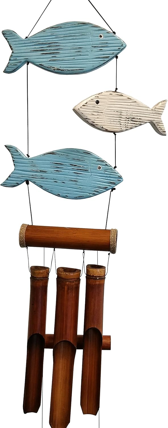 Cohasset Gifts Bamboo Wind Chime | #195 | Fun Fish Bamboo Wind Chime | Nautical, Outdoor, Home Décor for Decks, Garden, Porch | Blue & White Distressed Finish |
