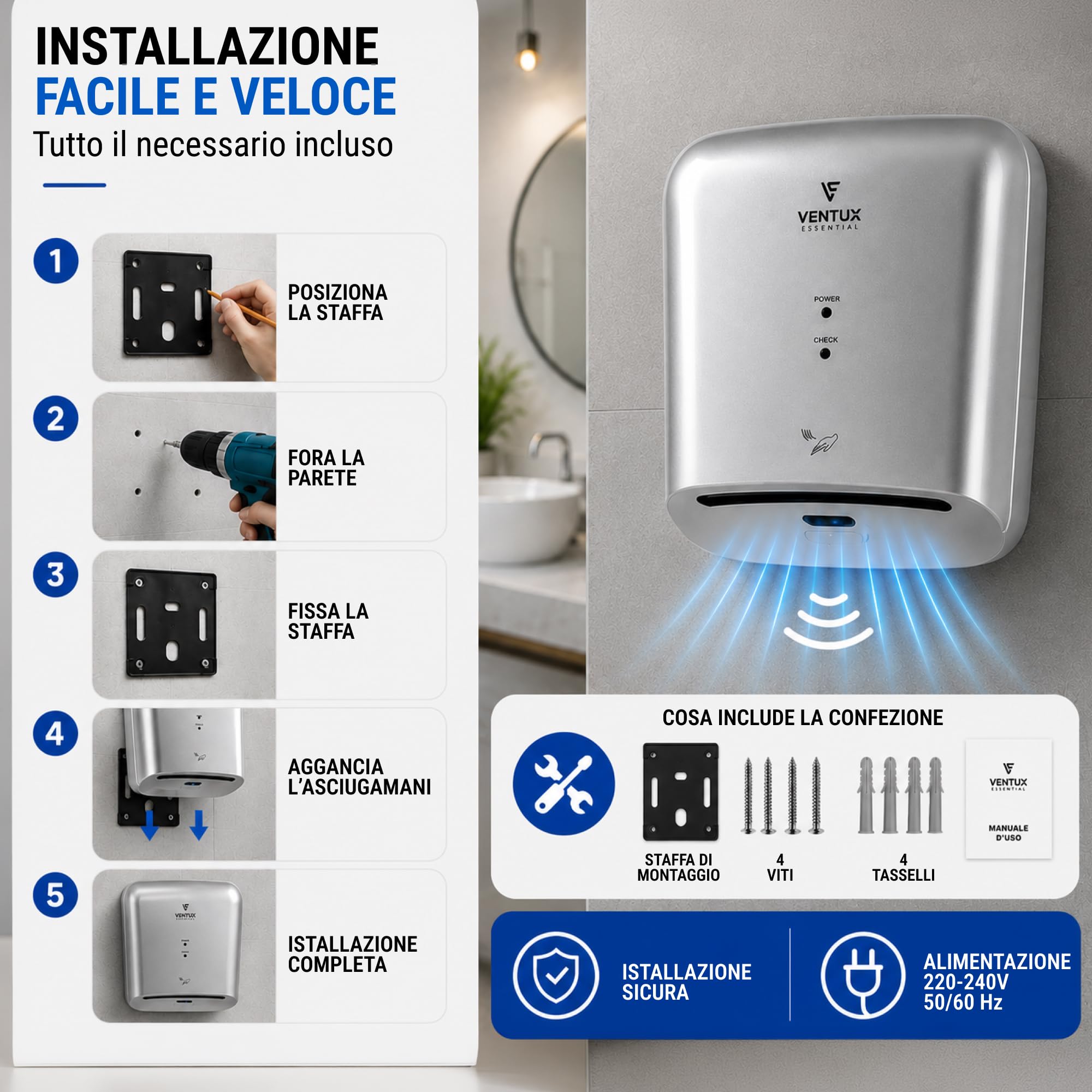 Sèche-mains électrique blanc mural – automatique à photocellule IP24 | Démarre seul par cellule – Plus de papier à jeter – Sanitaires publics et bureaux