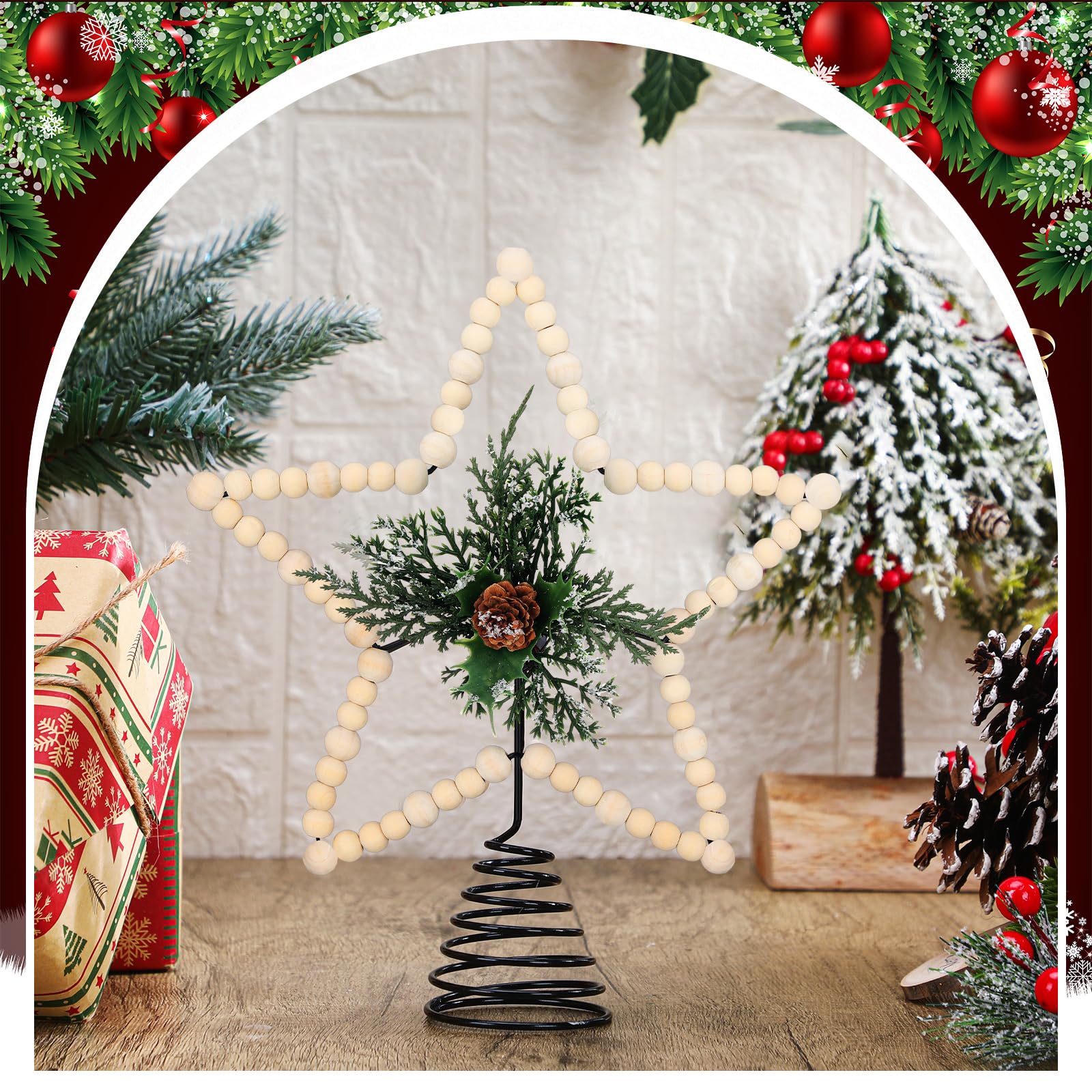Gejoy Cimier de sapin de Noël rustique en bois pour décoration de Noël rustique (cône, bois)