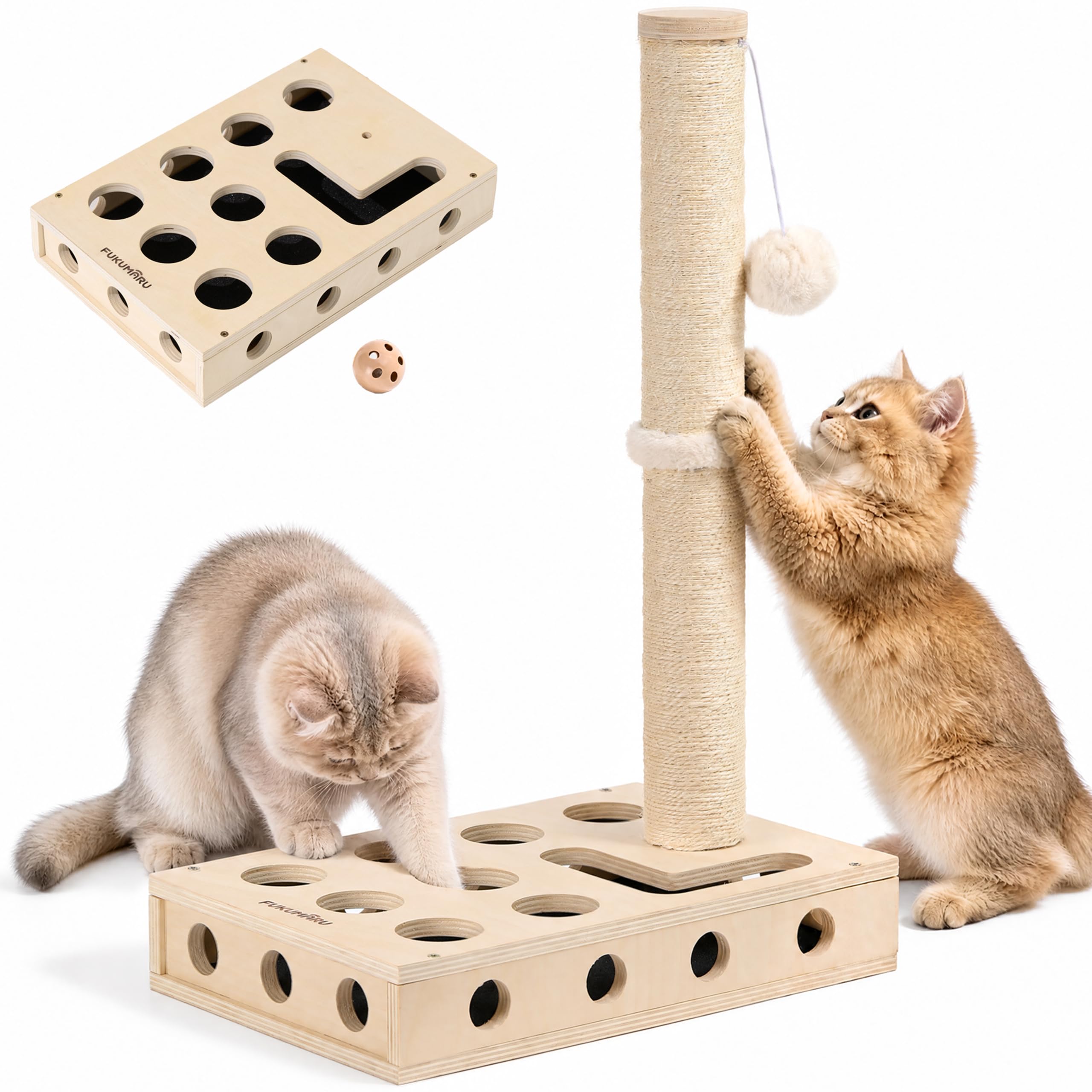 FUKUMARU Sisal Cat Scratching Post, Wood Cat Scratcher with Interactive Box