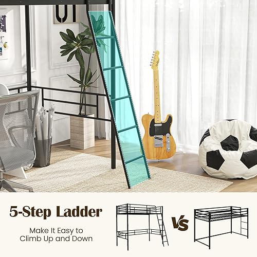 Miniatura 6 de Giantex Cama tipo loft de tamaño individual, marco de cama de metal con escalera y barandilla de seguridad, ahorro de espacio con amplio espacio
