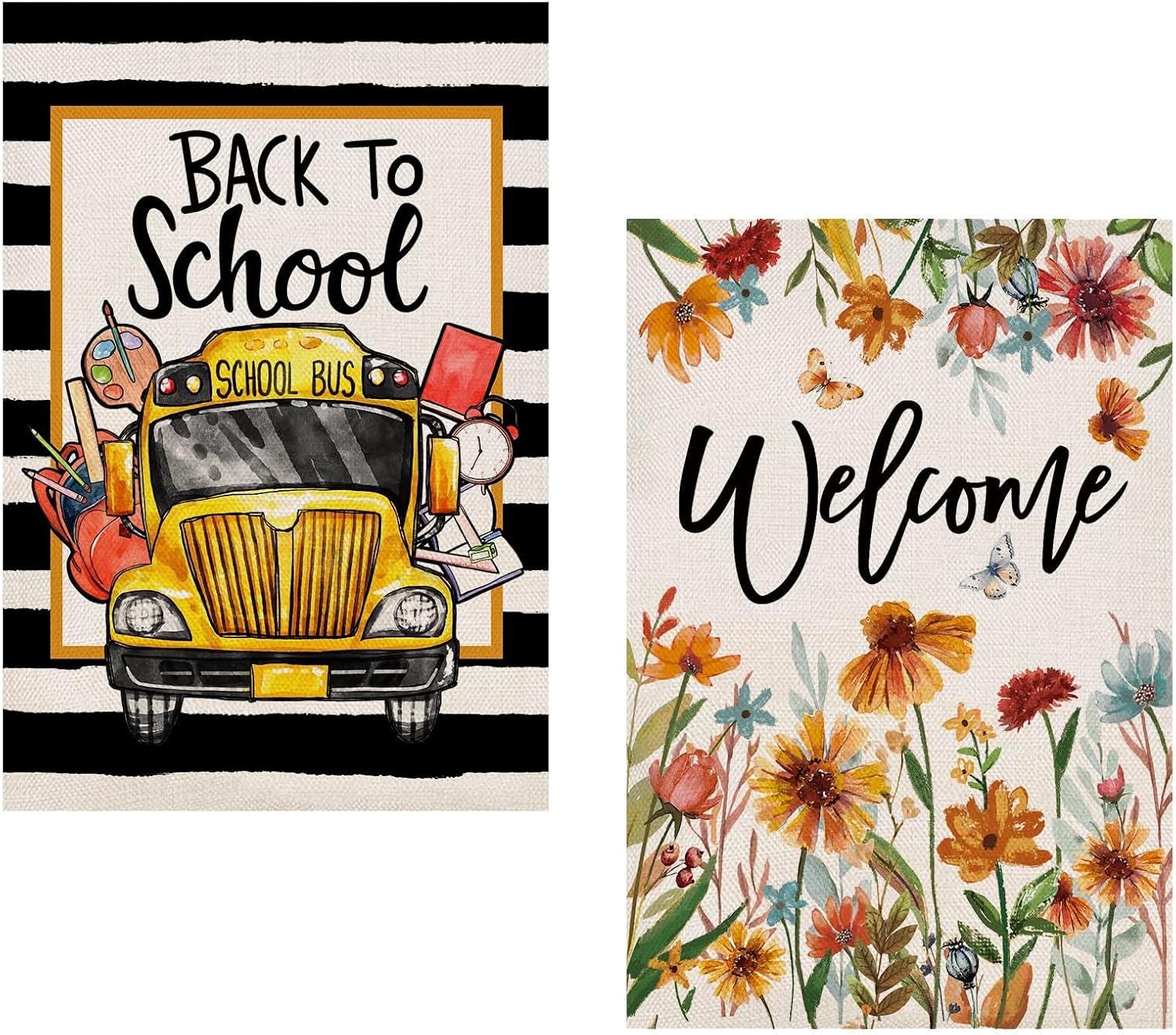 Baccessor School Bus Back to School Garden Flag and Fall Floral Welcome Garden Flag 12.5 x 18 Inch