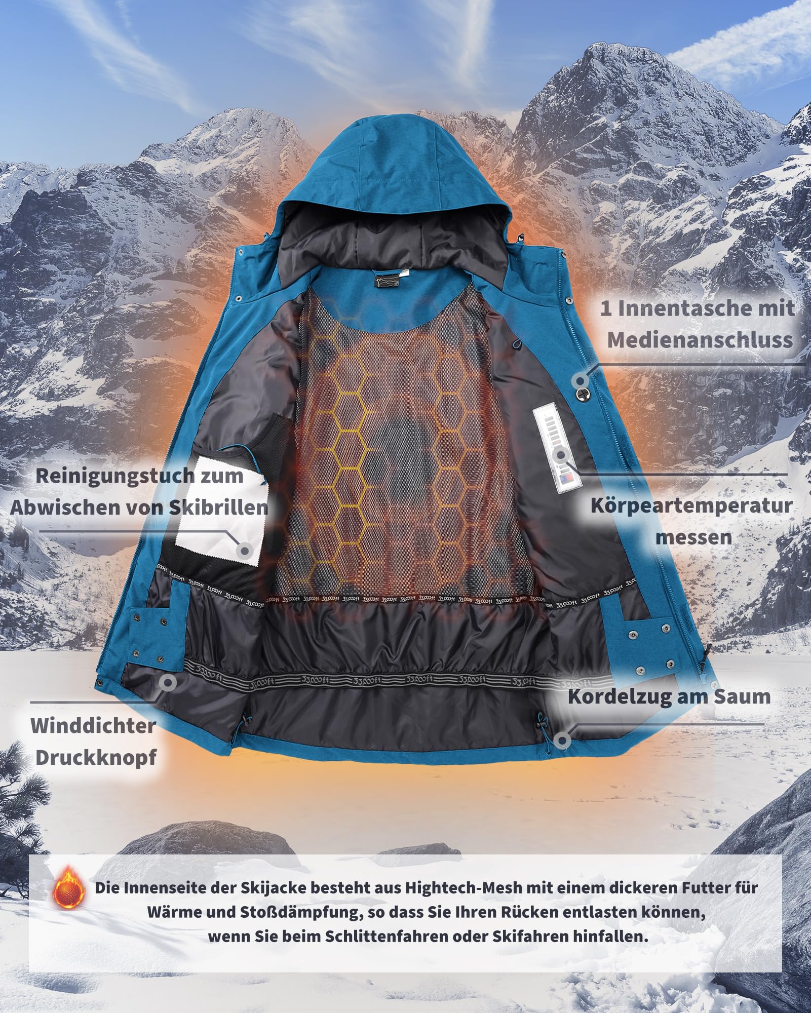 Męska kurtka narciarska, ciepła kurtka outdoorowa, wodoszczelna, wiatroszczelna, kurtka funkcyjna, oddychająca, kurtka snowboardowa, softshell z kapturem